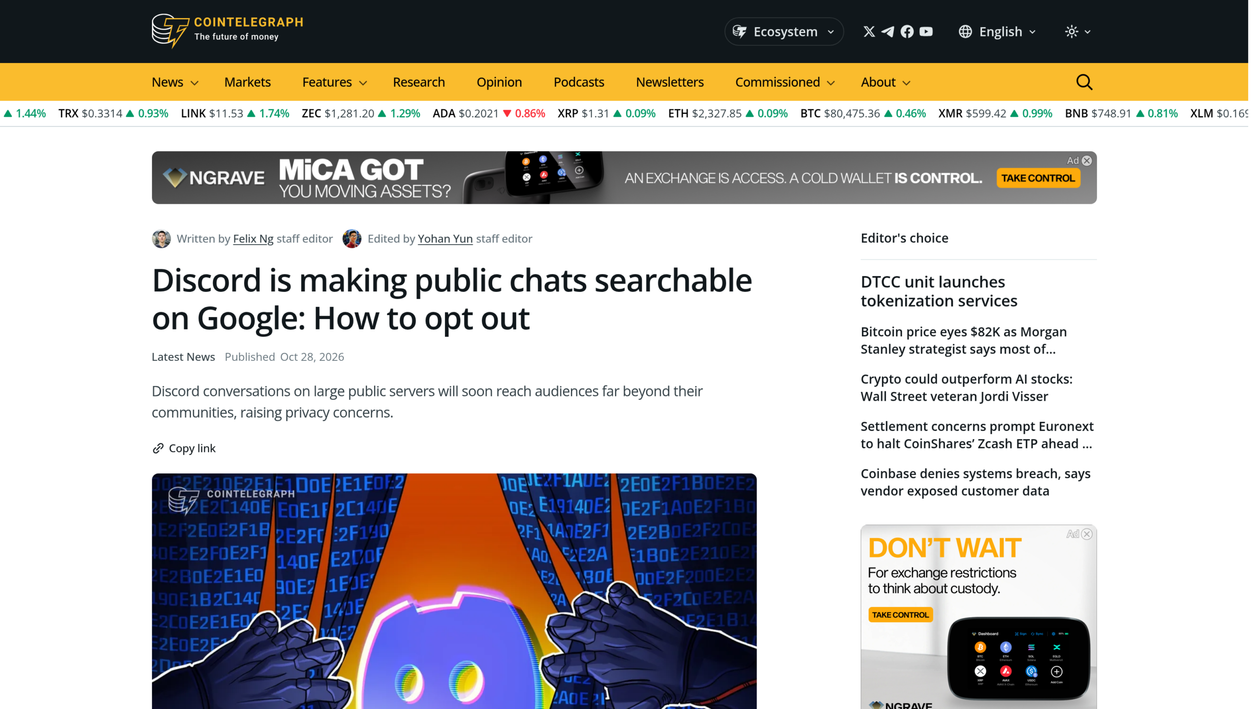 Article de Cointelegraph intitulé « Discord is making public chats searchable on Google: How to opt out », avec le nom de l'auteur et la date