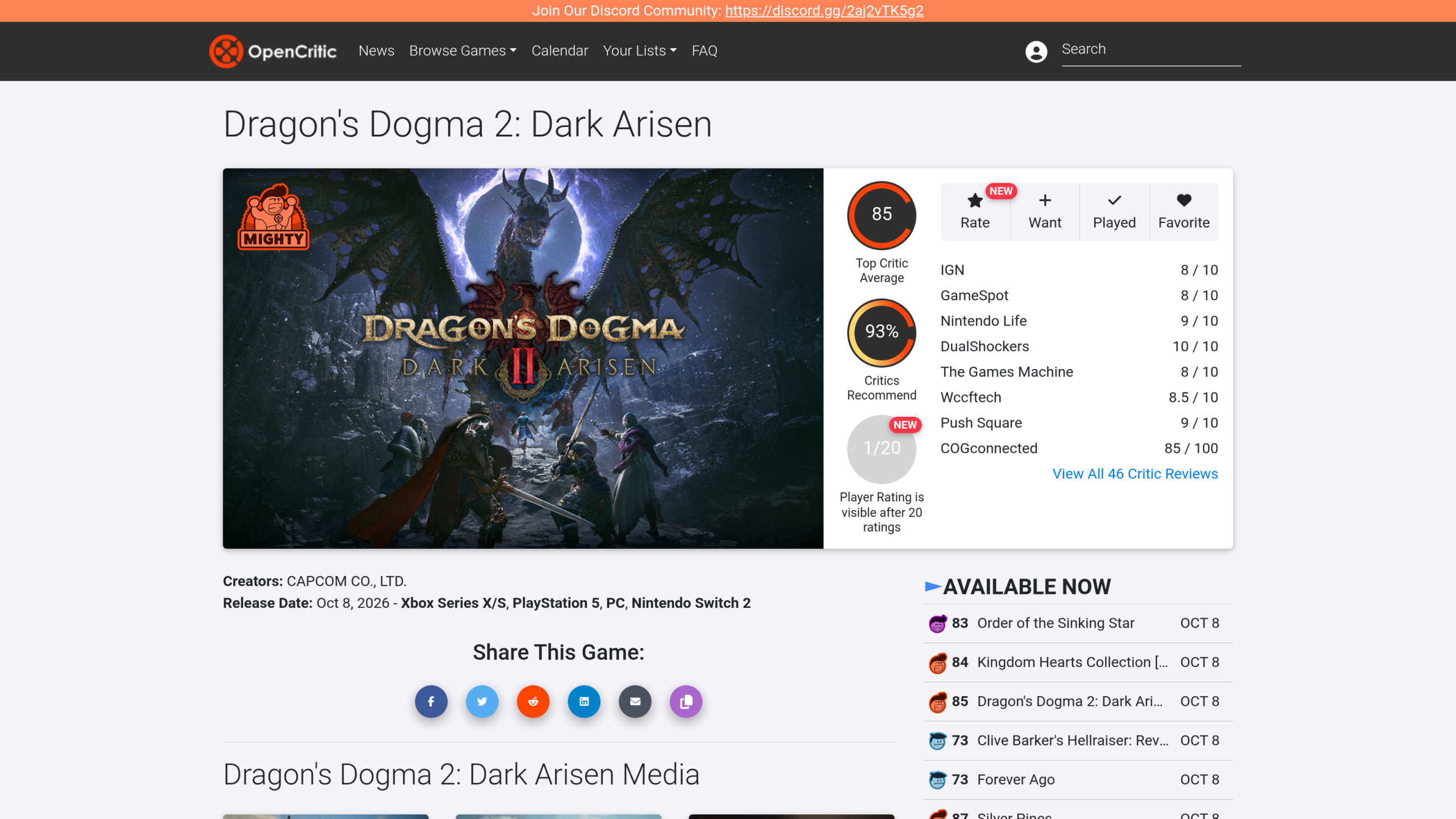 Page OpenCritic de Dragon's Dogma 2: Dark Arisen : moyenne de 85, 93 % de critiques qui recommandent, notes d'IGN, GameSpot, Nintendo Life, DualShockers, The Games Machine, Wccftech, Push Square et COGconnected, sortie le 8 octobre 2026