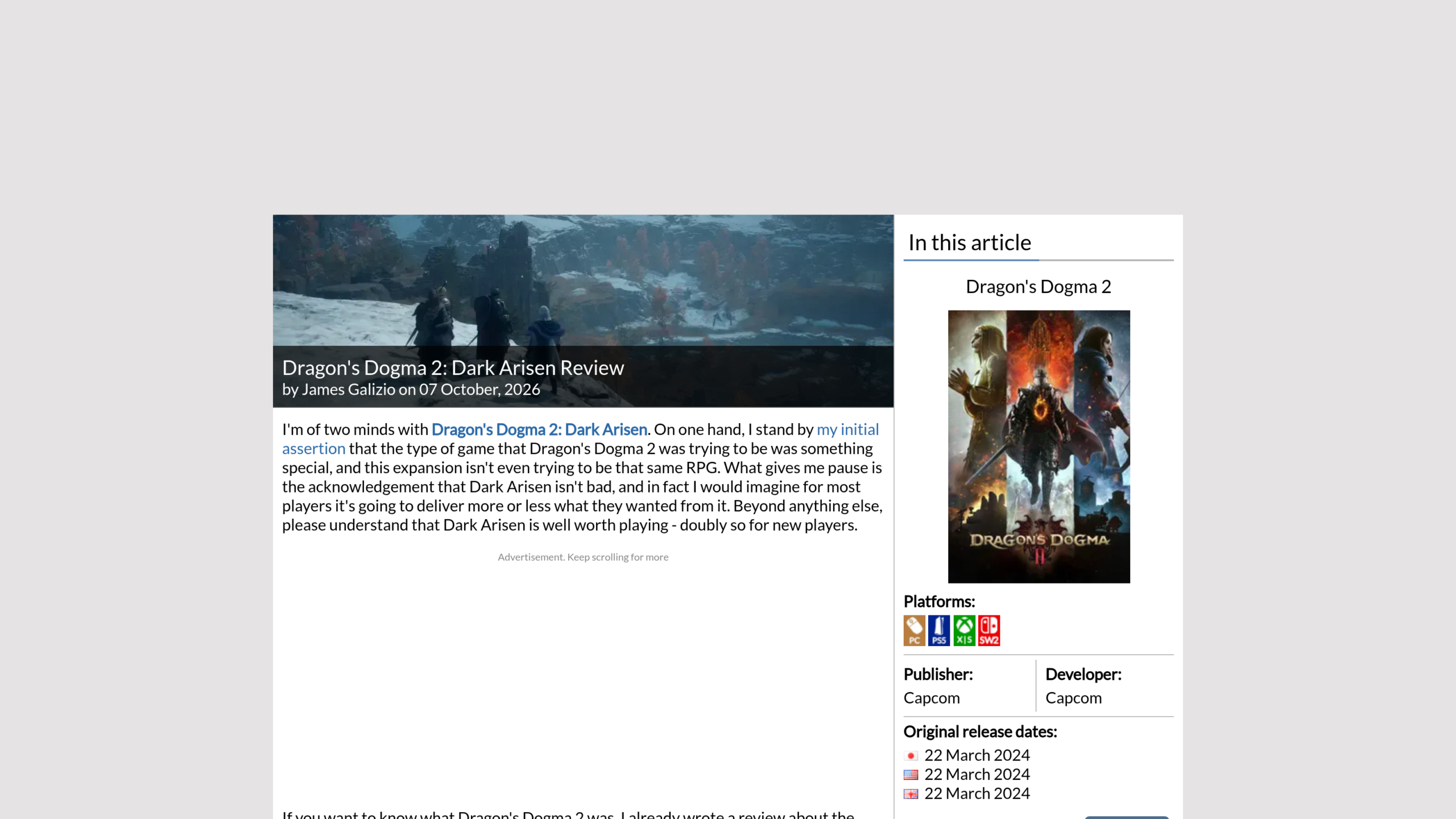 Critique de RPG Site du 7 octobre 2026 par James Galizio, avec une image de trois personnages dans un paysage enneigé et le premier paragraphe qui juge l'extension très recommandable, surtout pour les nouveaux joueurs