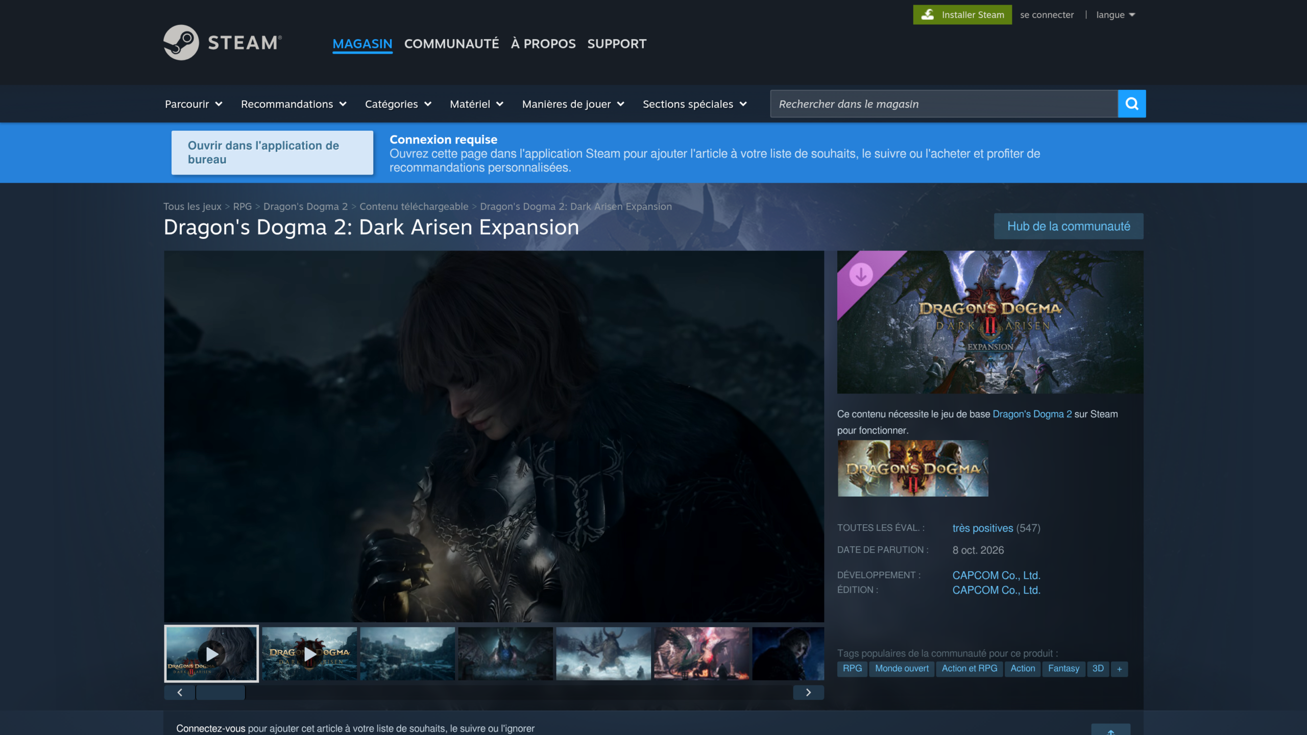Page Steam française de Dragon's Dogma 2: Dark Arisen Expansion : évaluations très positives, sortie le 8 octobre 2026, développement et édition CAPCOM, nécessite le jeu de base