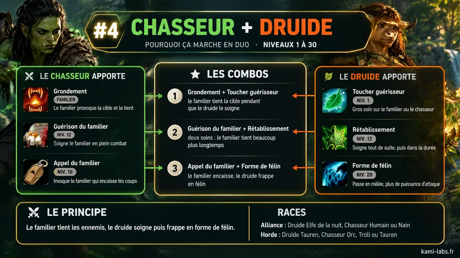Diapo du duo Chasseur et Druide, rang 4 : le familier tient la cible, avec les combos Grondement et Toucher guérisseur, Guérison du familier et Rétablissement, Appel du familier et Forme de félin