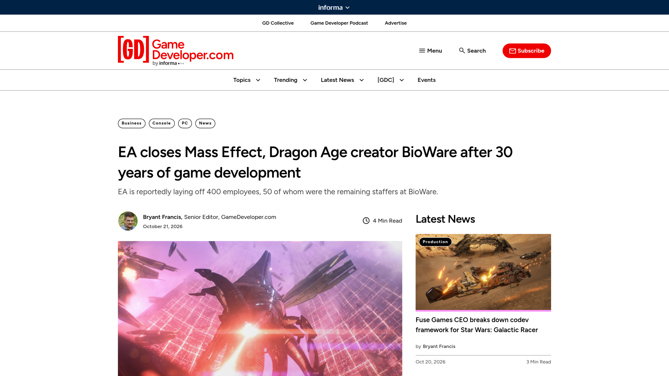 Article de Game Developer annonçant que EA ferme BioWare, créateur de Mass Effect et de Dragon Age, après 30 ans