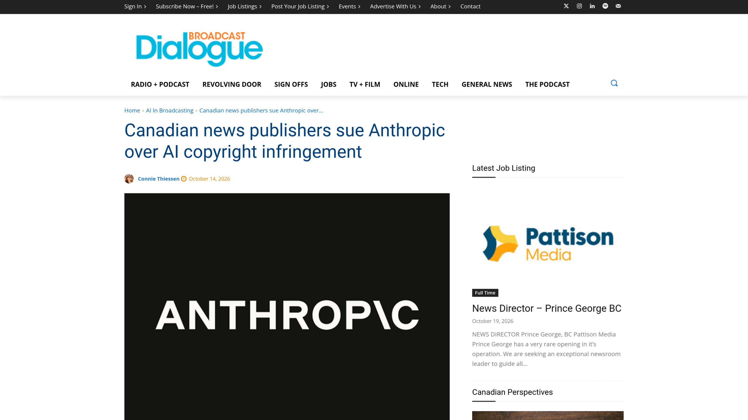 Article de Broadcast Dialogue signé Connie Thiessen le 14 octobre 2026, titré Canadian news publishers sue Anthropic over AI copyright infringement