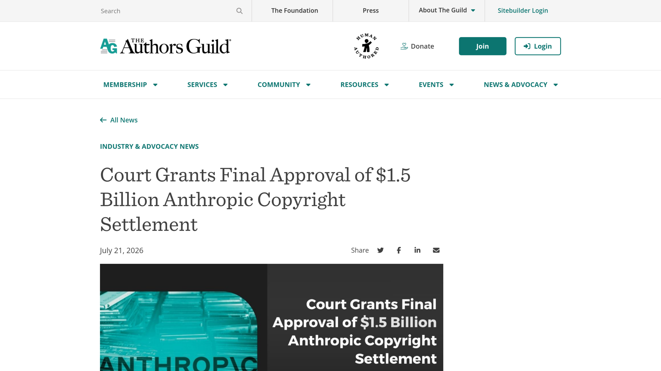 Page de l'Authors Guild annonçant l'approbation finale par le tribunal de la transaction de 1,5 milliard de dollars entre Anthropic et des auteurs