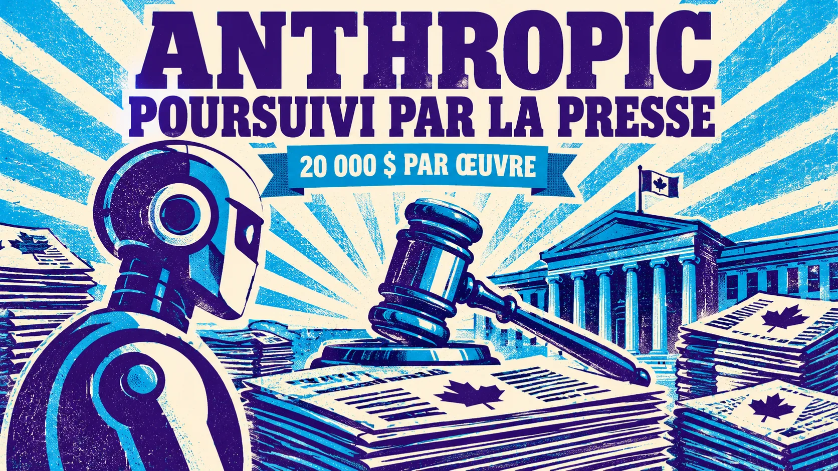 Procès contre Anthropic : un marteau de juge posé sur une pile de journaux devant un robot stylisé, avec le texte « Presse canadienne contre Anthropic »