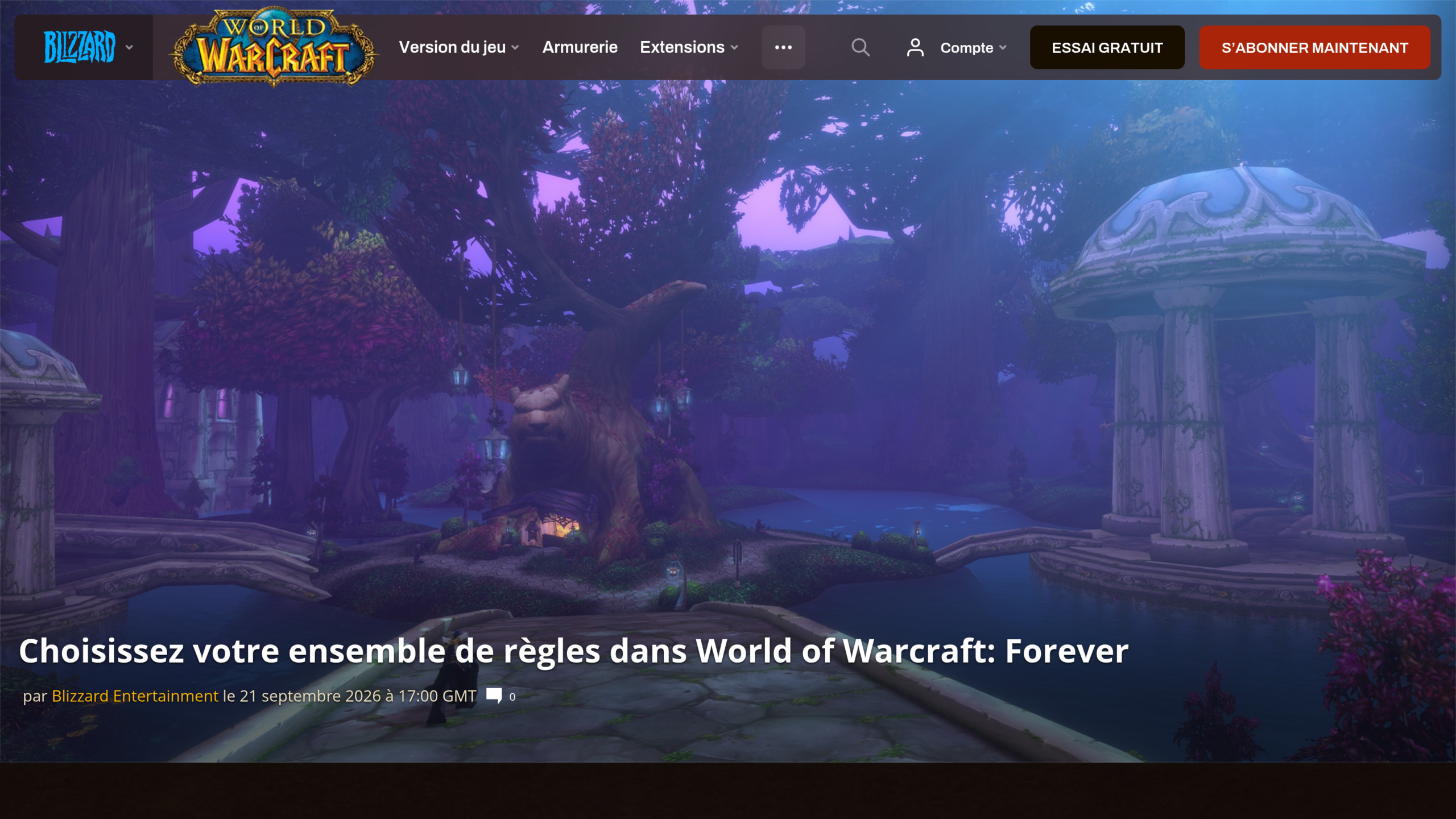 Page de l'article « Choisissez votre ensemble de règles dans World of Warcraft: Forever », signé Blizzard Entertainment le 21 septembre 2026, sur fond de décor d'Azeroth aux arbres violets