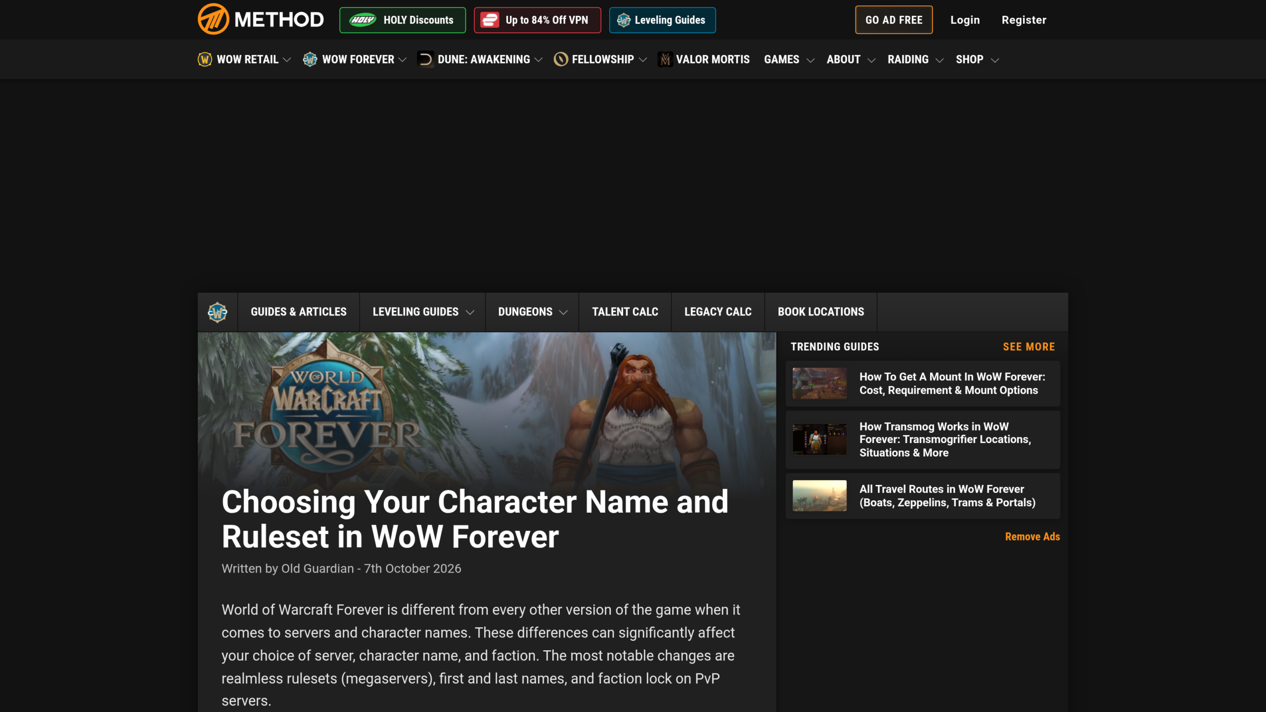 Guide de Method intitulé « Choosing Your Character Name and Ruleset in WoW Forever », écrit par Old Guardian le 7 octobre 2026, avec un nain barbu roux dans la neige