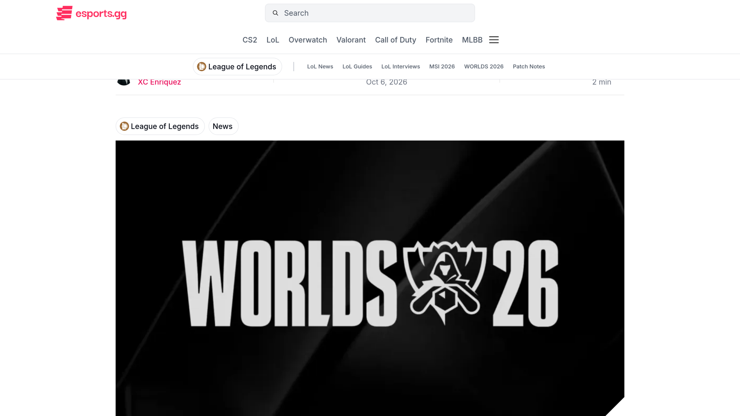 En-tête de l'article d'esports.gg sur les 19 équipes qualifiées aux Mondiaux 2026, avec le logo Worlds 26 et le nom de l'auteur XC Enriquez