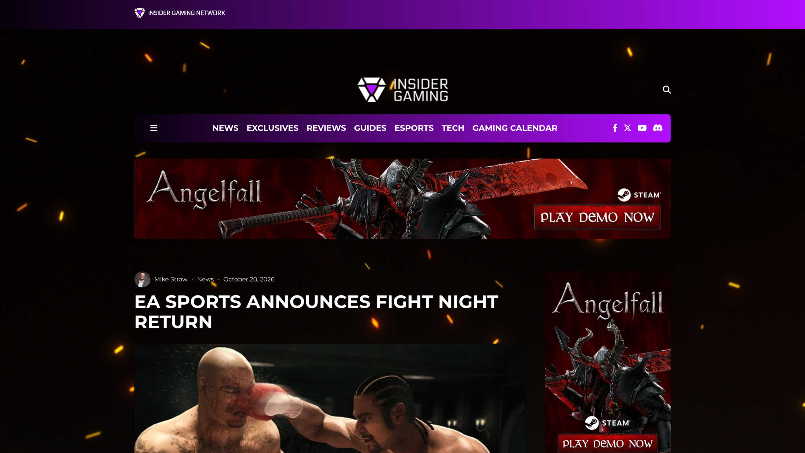 Article d'Insider Gaming intitulé « EA Sports announces Fight Night return », signé Mike Straw le 20 octobre 2026, sous une image de combat de la série