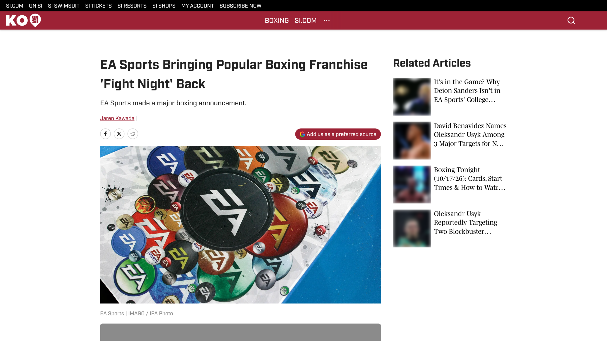Article de Sports Illustrated signé Jaren Kawada, intitulé « EA Sports Bringing Popular Boxing Franchise Fight Night Back », avec un visuel de pastilles aux logos EA Sports