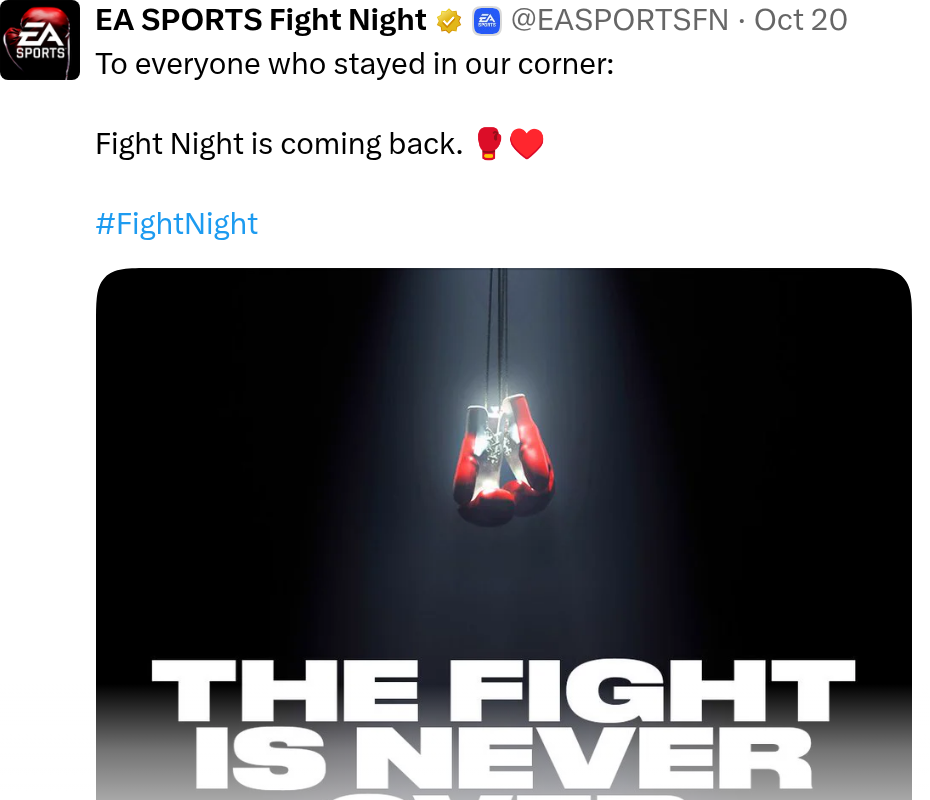 Message du compte X @EASPORTSFN daté du 20 octobre, avec une paire de gants de boxe rouges suspendue dans un faisceau de lumière et le slogan « The Fight Is Never Over »
