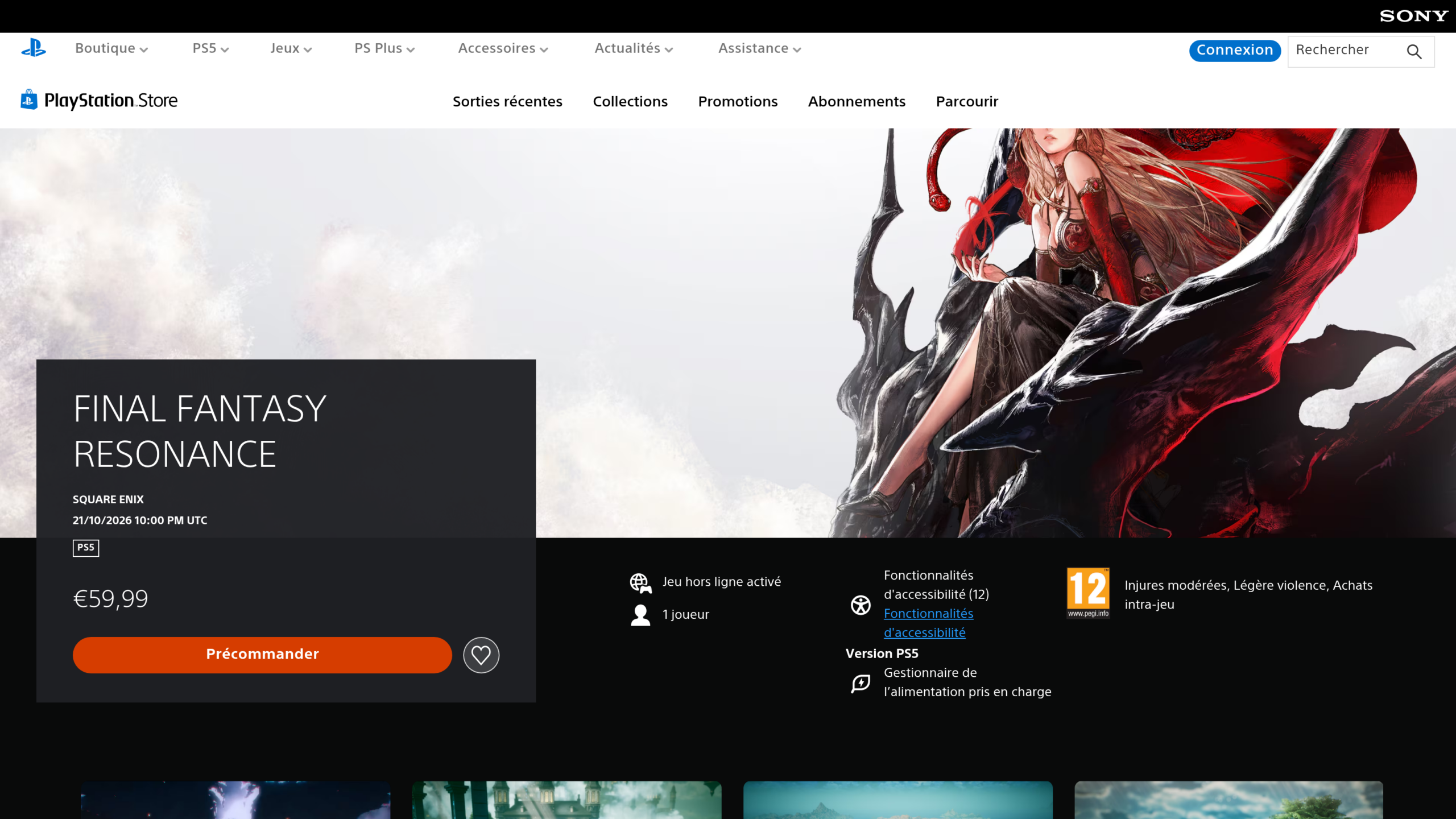 Fiche française du PlayStation Store de Final Fantasy Resonance à 59,99 euros, avec la mention Achats intra-jeu sous le logo PEGI 12