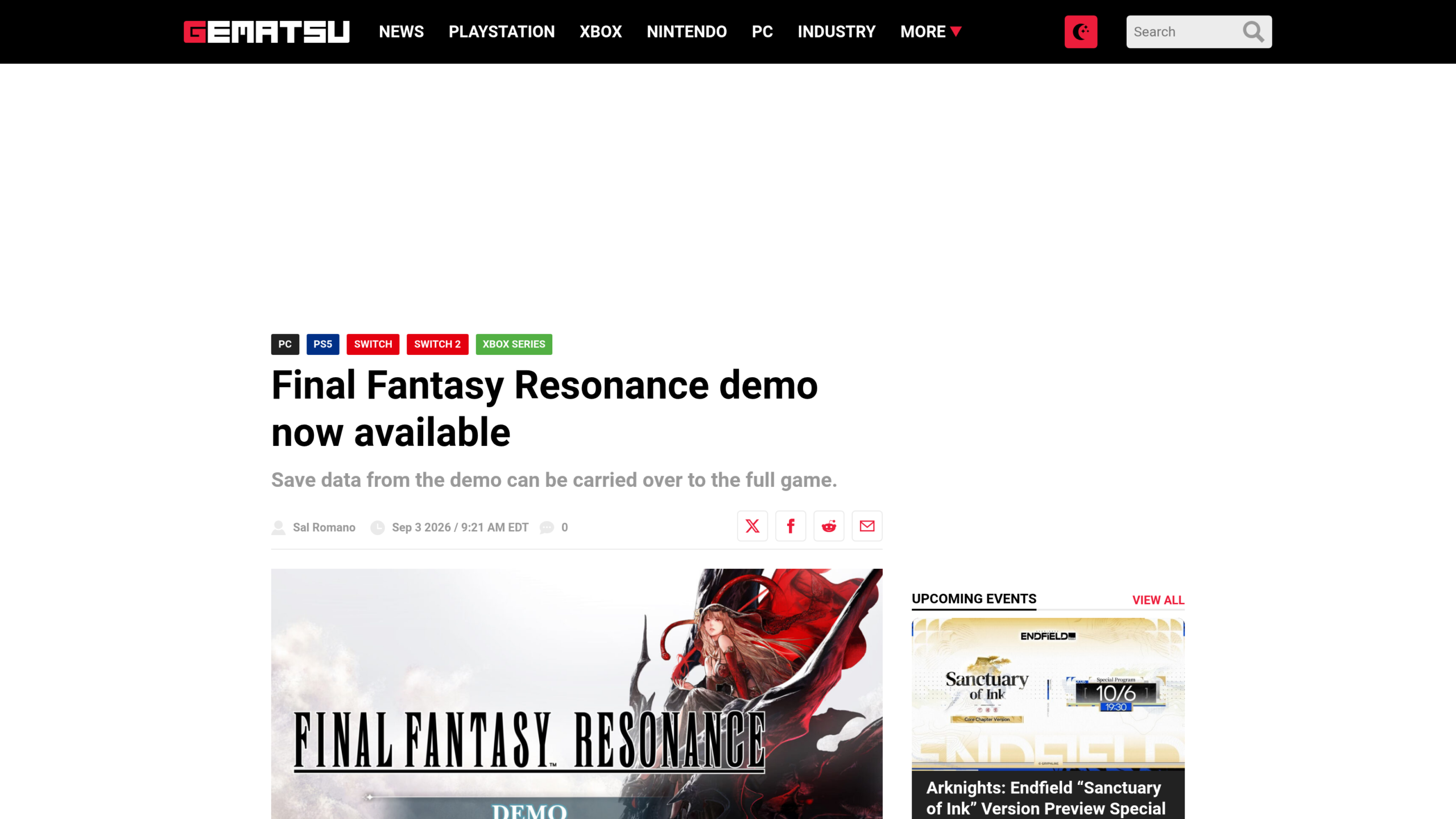 Article de Gematsu du 3 septembre 2026 annonçant la démo de Final Fantasy Resonance avec sauvegarde transférable