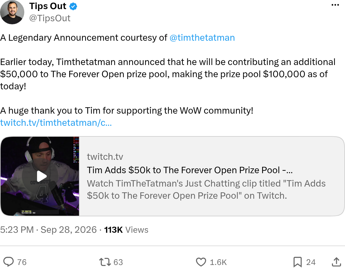 Message de Tips Out sur X du 28 septembre 2026 annonçant les 50 000 dollars ajoutés par TimTheTatman, ce qui porte la cagnotte à 100 000 dollars