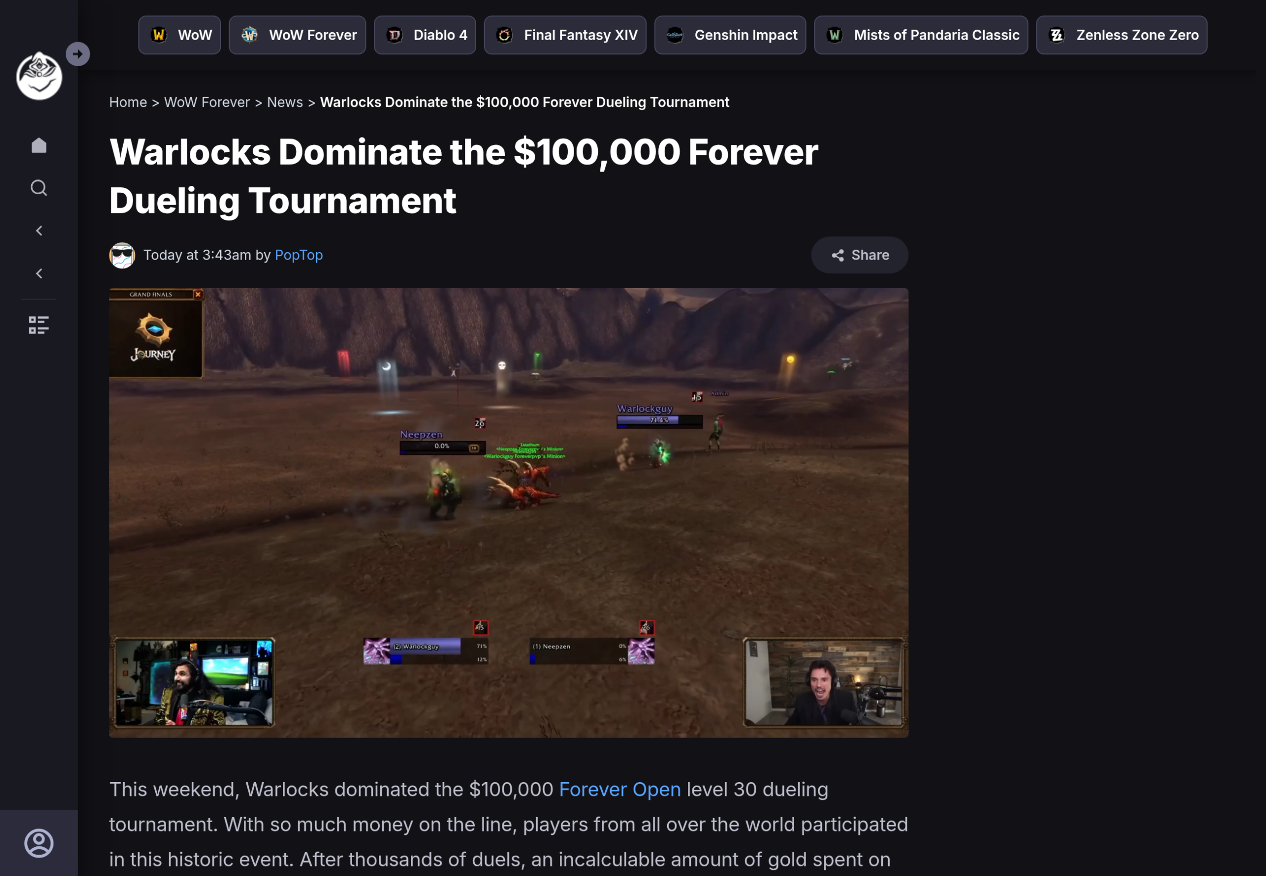 Article d'Icy Veins du 19 octobre 2026 signé PopTop sur la domination des démonistes, illustré par une image de la grande finale où Neepzen est à 0 % de vie face à Warlockguy