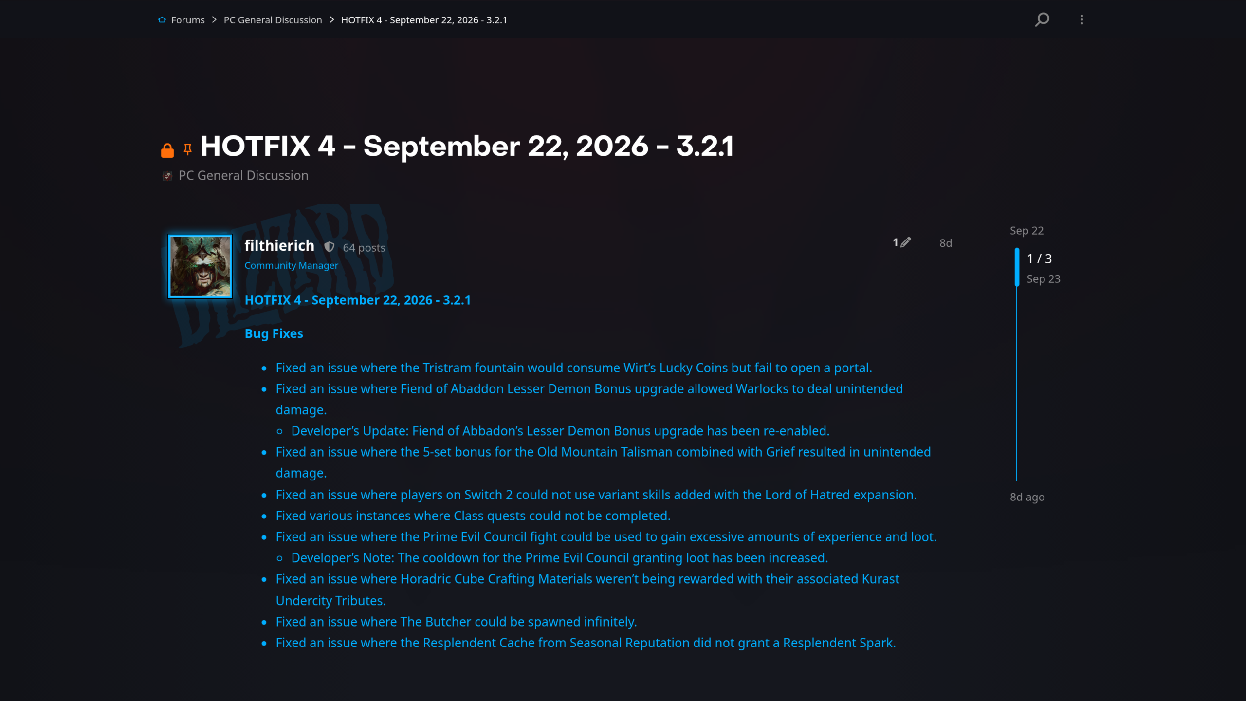 Message du community manager filthierich sur le forum officiel Diablo IV, listant les neuf correctifs du hotfix 4 du 22 septembre 2026