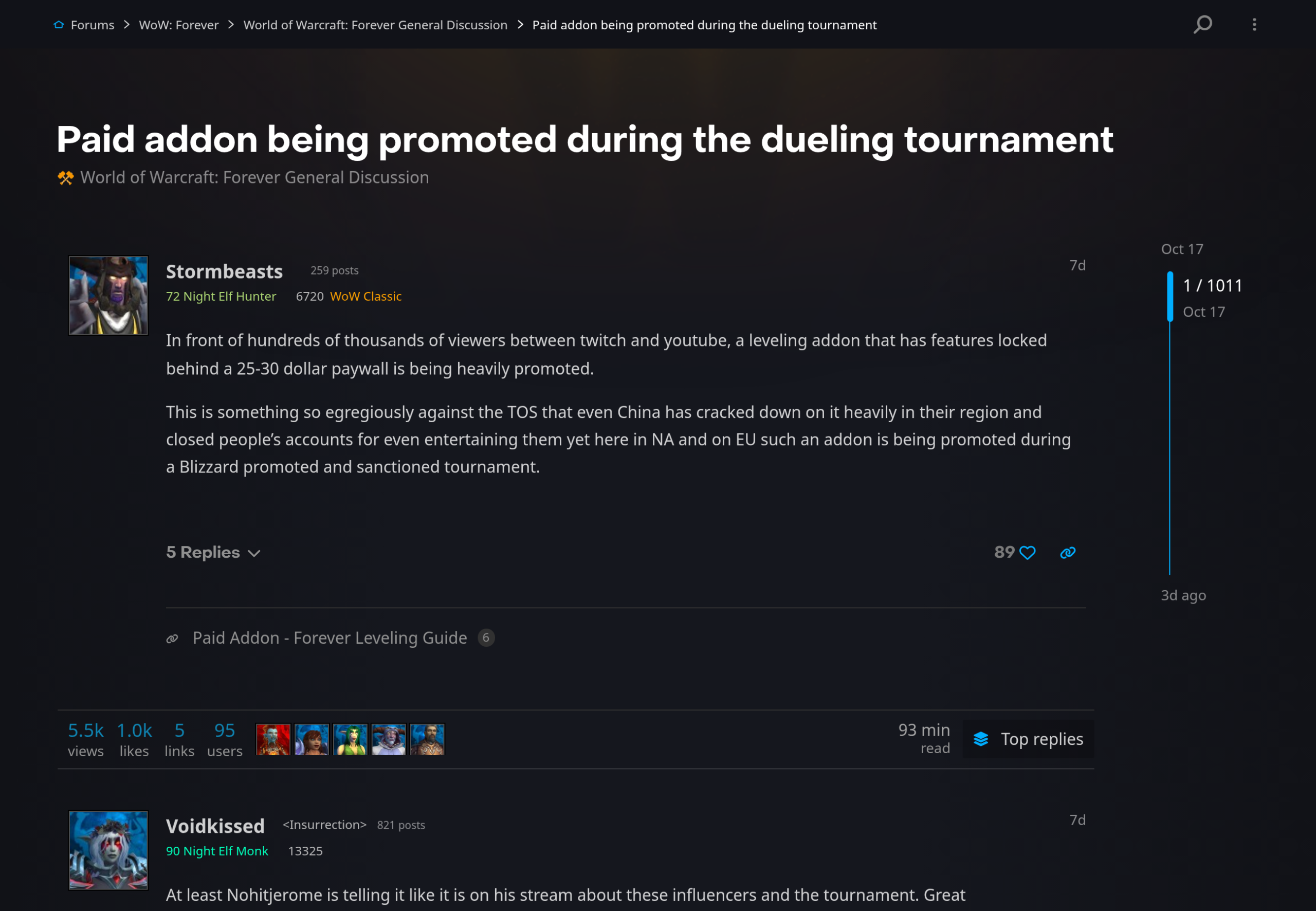 Capture du forum américain WoW Forever montrant le fil sur l'add-on payant promu pendant le tournoi de duel, avec le message d'ouverture et le compteur de réponses