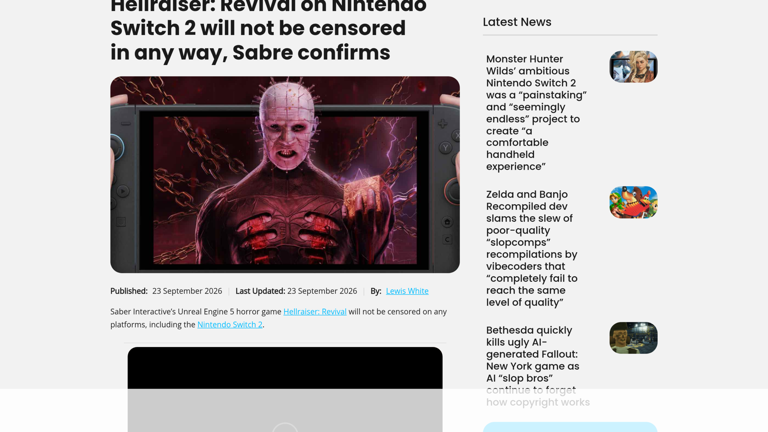 Article du site FRVR illustré par Pinhead affiché sur l'écran d'une Switch 2, annonçant une version non censurée