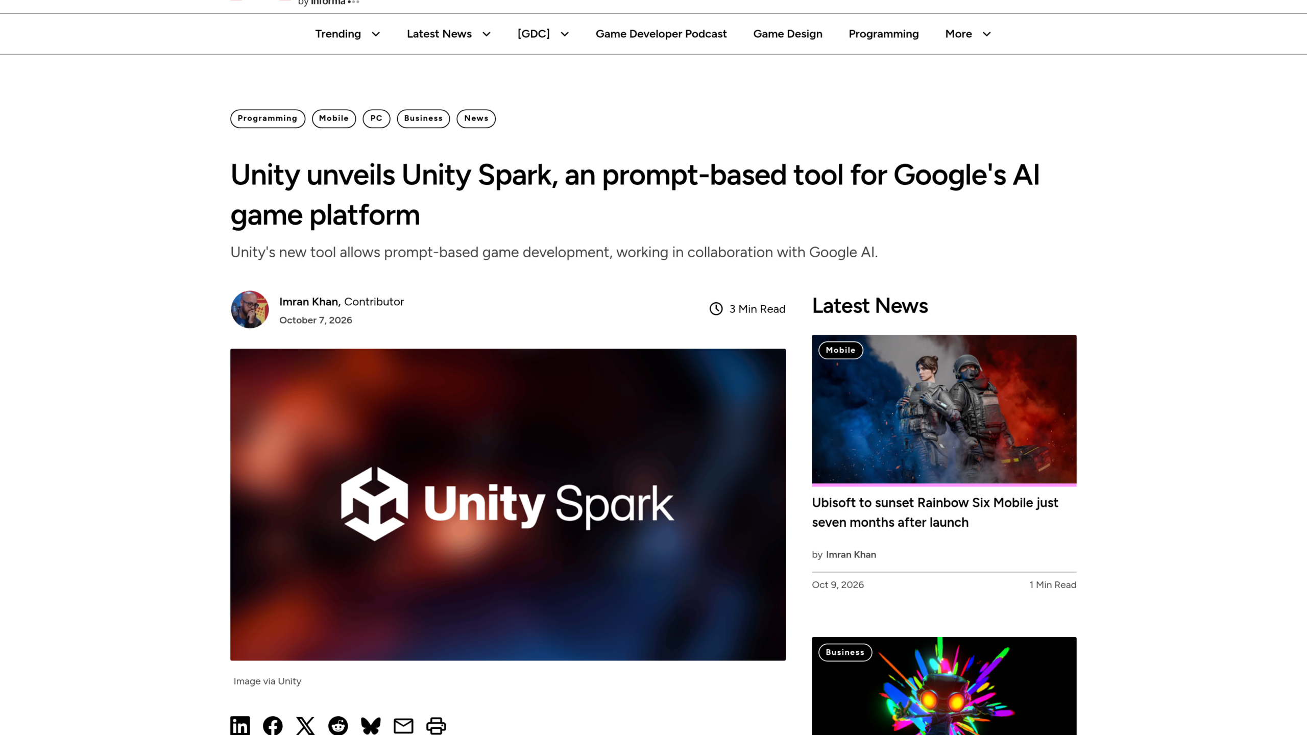 Article de Game Developer du 7 octobre 2026 signé Imran Khan sur Unity Spark, illustré du logo Unity Spark sur fond sombre rouge et bleu