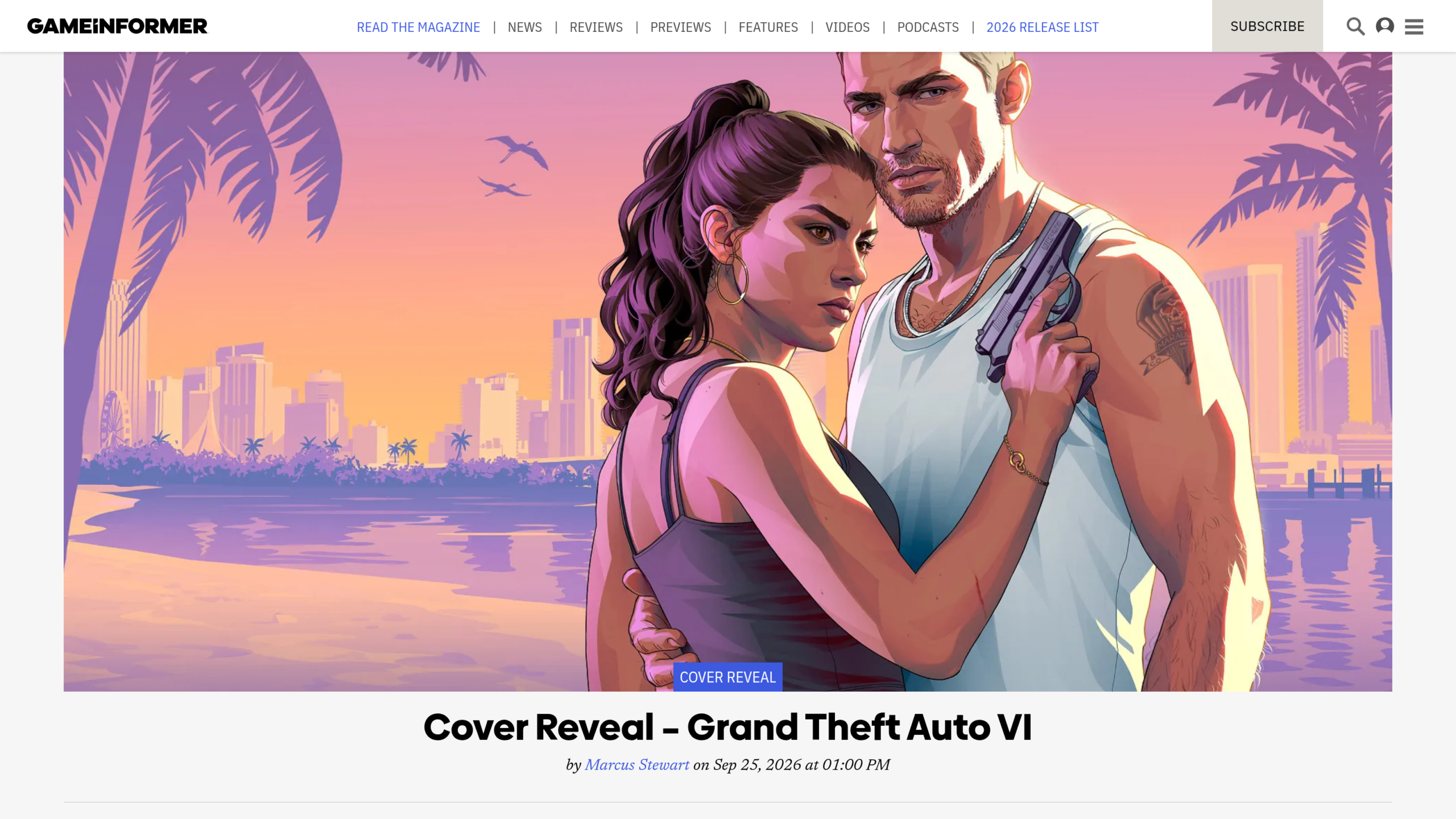 Page de dévoilement de la couverture de Game Informer : illustration de Lucia et Jason sur fond de Vice City au couchant