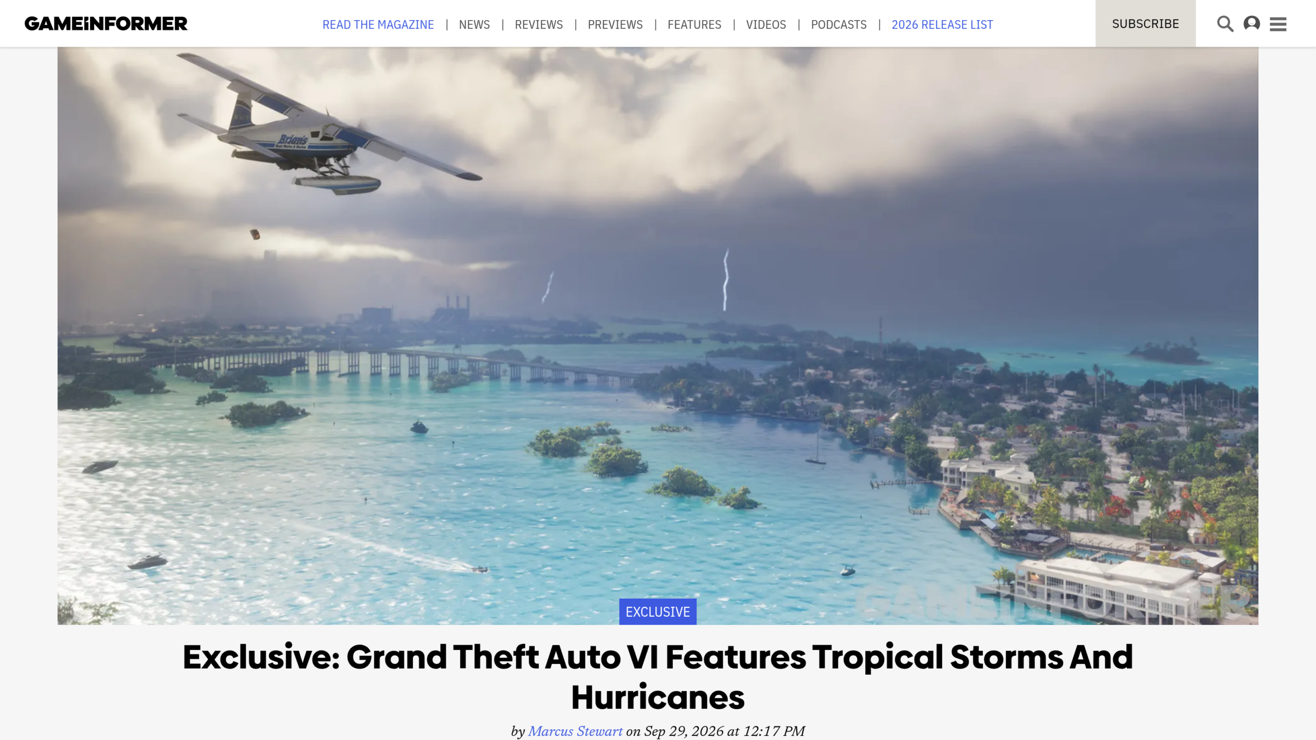 Article exclusif de Game Informer sur les tempêtes tropicales et ouragans de GTA 6 : un hydravion survole une côte sous un orage, avec des éclairs