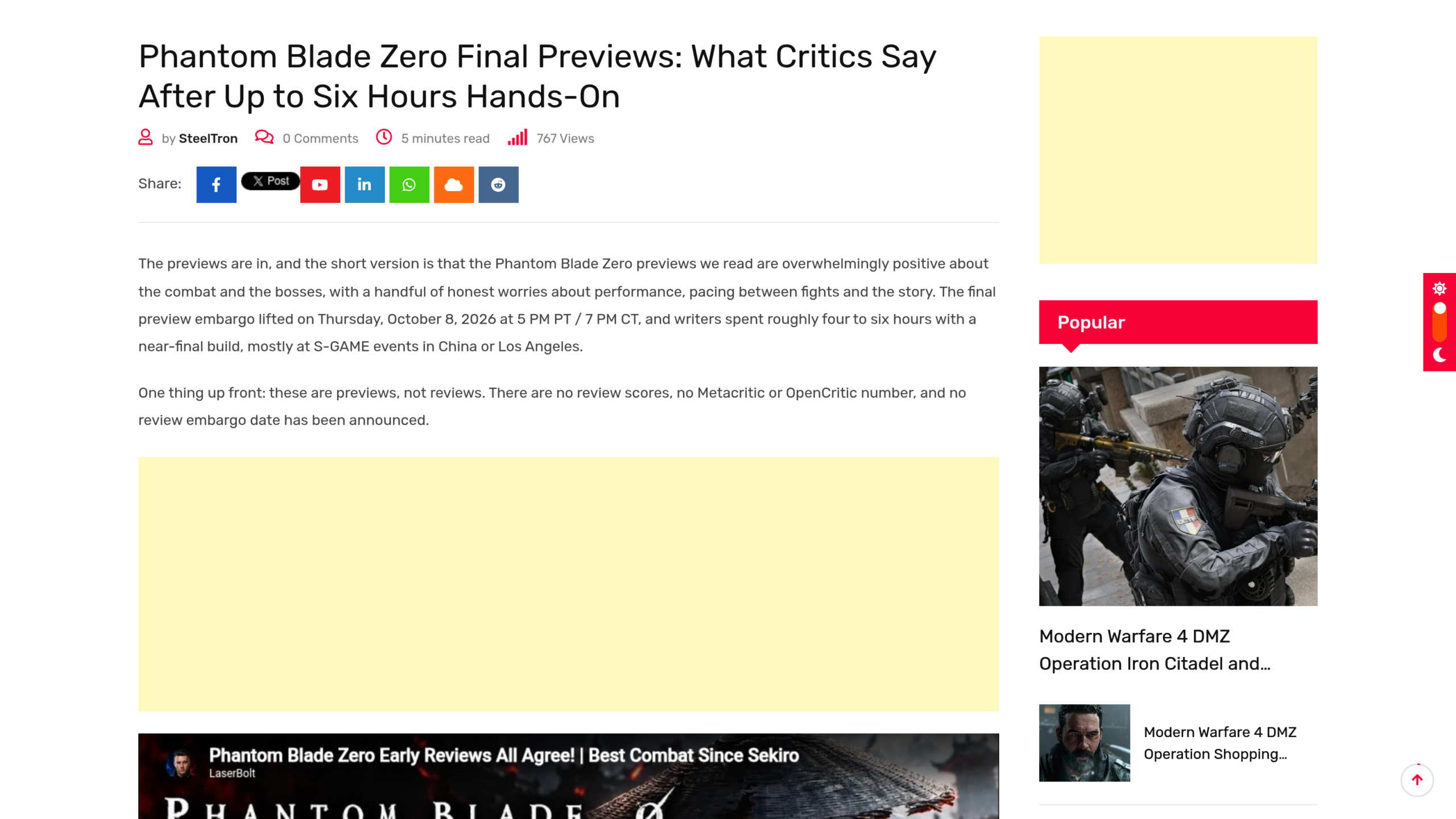 Article de GamerFuzion qui résume les previews de Phantom Blade Zero, avec la mention de l'embargo levé le 8 octobre 2026