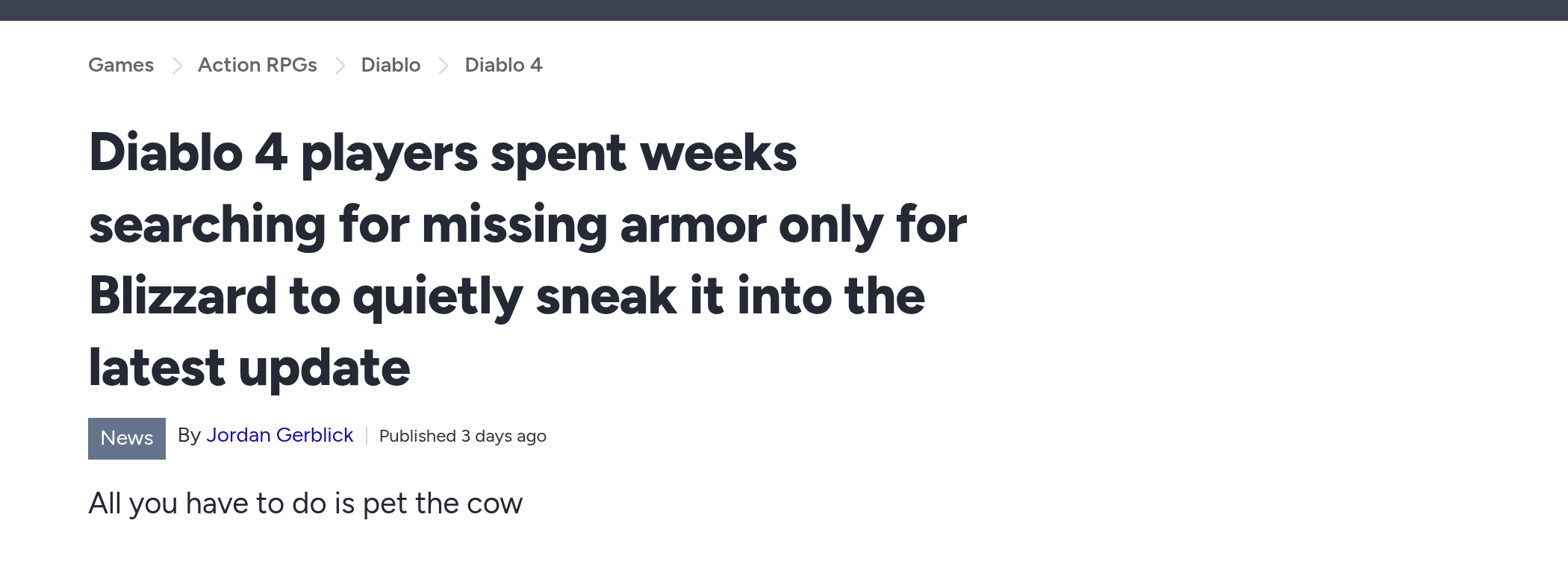 Titre GamesRadar sur les joueurs de Diablo 4 qui ont cherché une pièce d'armure pendant des semaines, article de Jordan Gerblick
