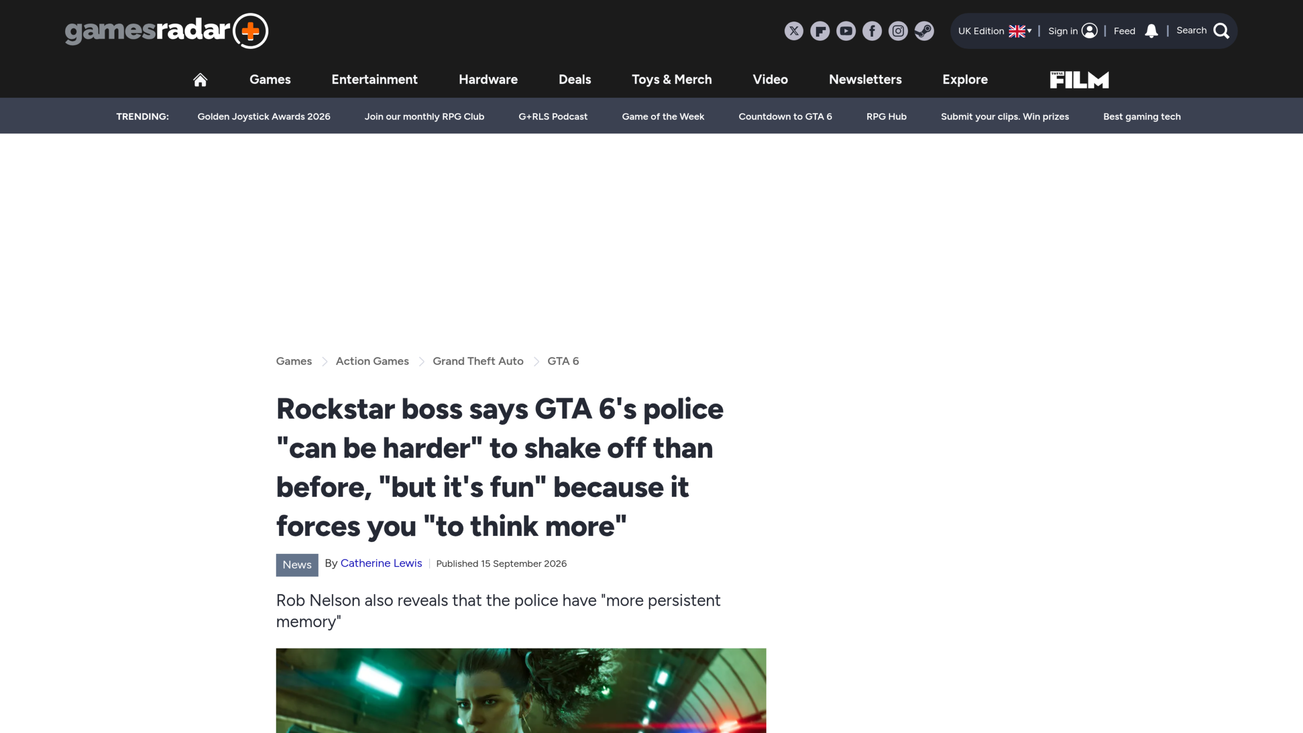 Article de GamesRadar du 15 septembre 2026 sur les propos de Rob Nelson à propos de la police de GTA 6