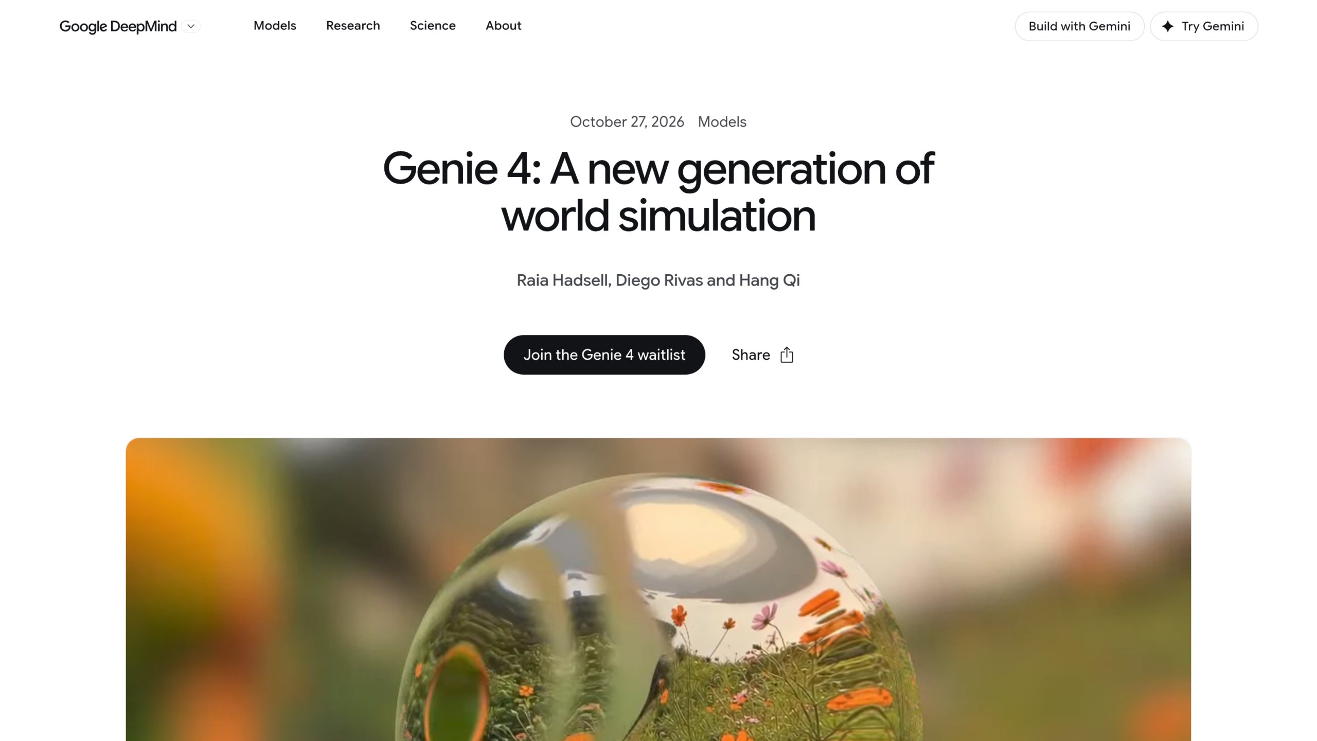 Page d'annonce de Google DeepMind du 27 octobre 2026, titre de l'annonce en grand, signée Raia Hadsell, Diego Rivas et Hang Qi, avec un bouton de liste d'attente et une sphère de verre dans un champ de fleurs