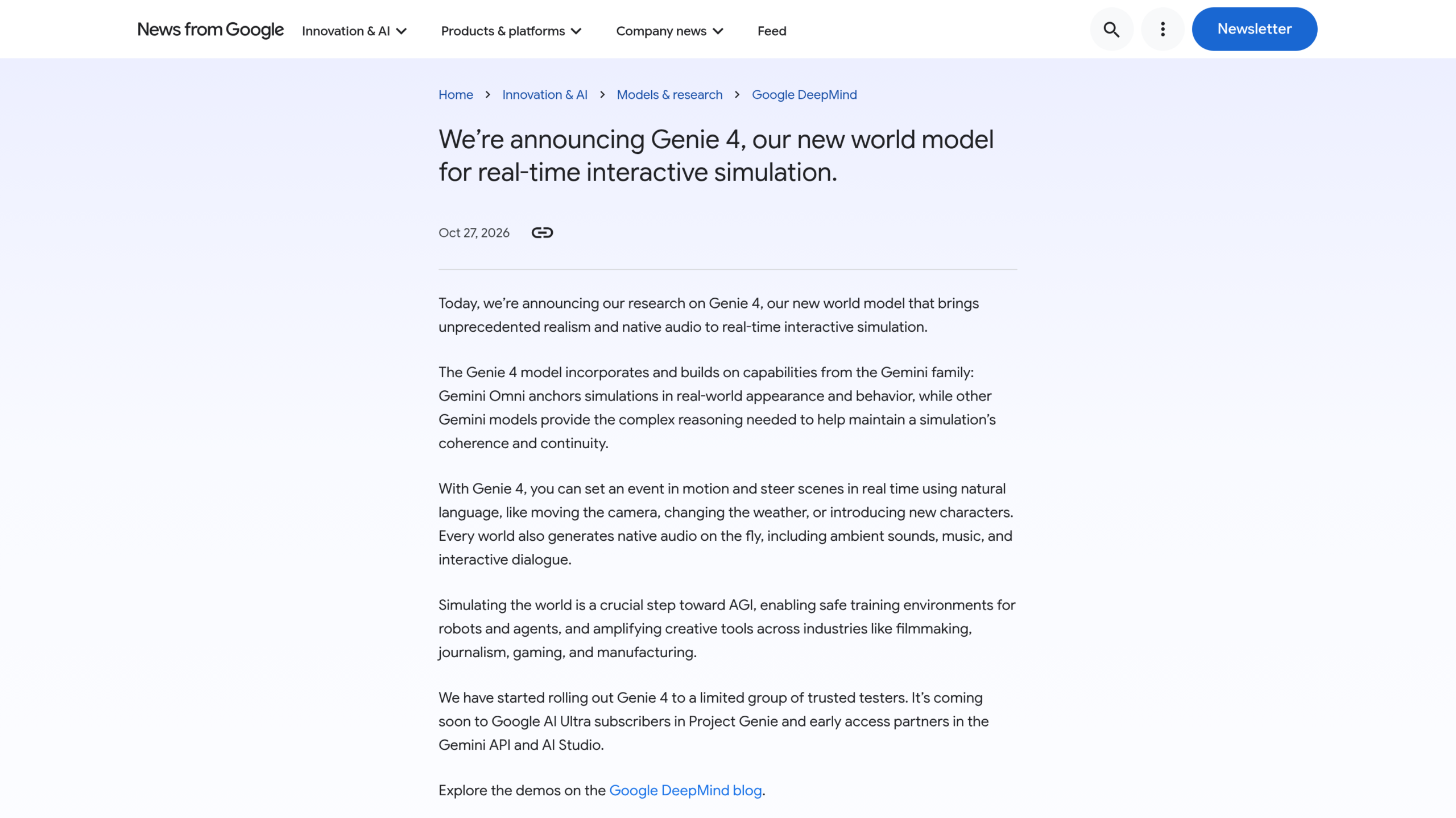 Page du blog de Google datée du 27 octobre 2026, titre de l'annonce, avec le paragraphe qui annonce les testeurs de confiance puis les abonnés Google AI Ultra