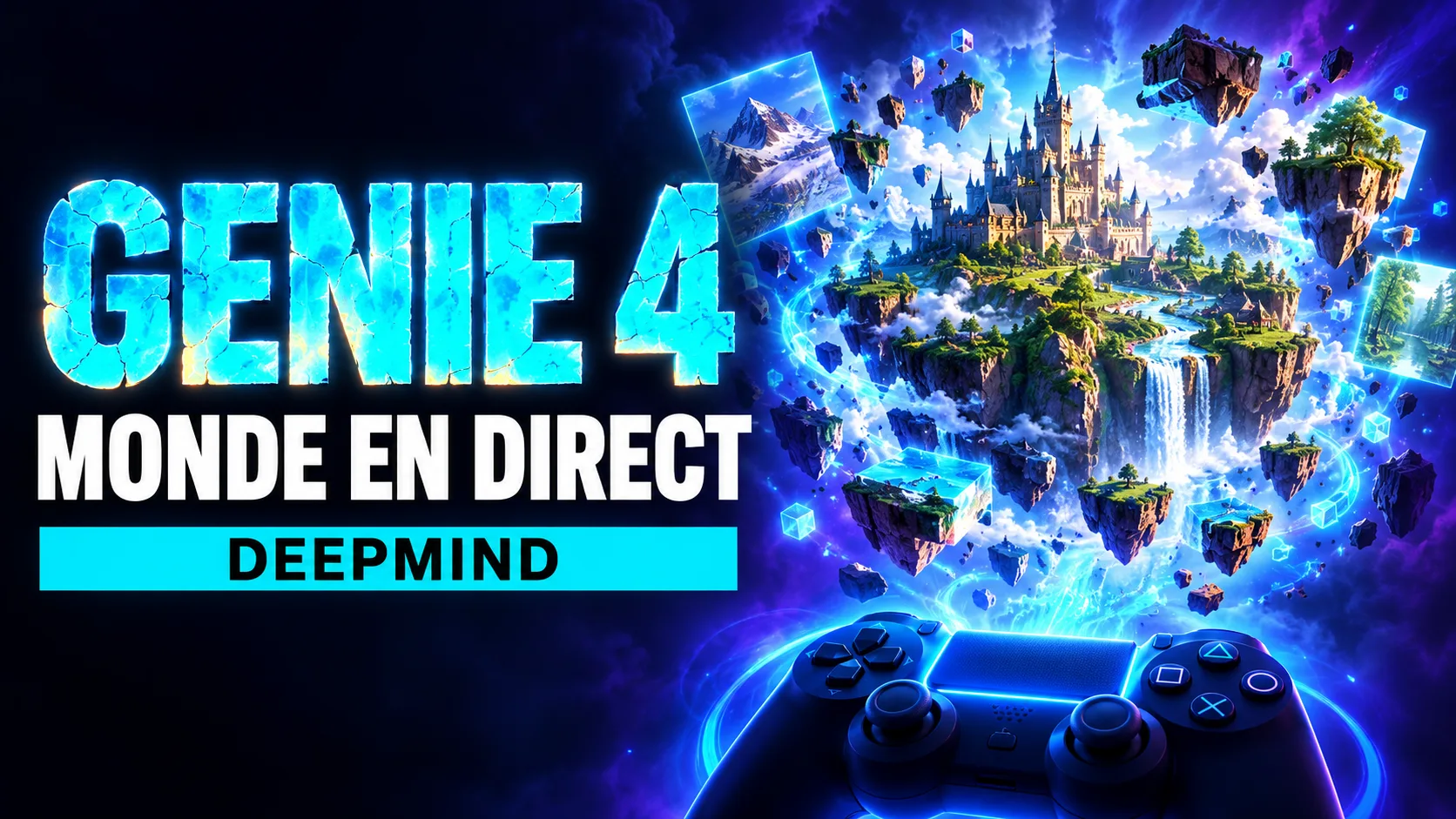 Un château sur des îles flottantes, entouré de fragments de paysage lumineux, au-dessus d'une manette de jeu, avec les mots GENIE 4, MONDE EN DIRECT et DEEPMIND