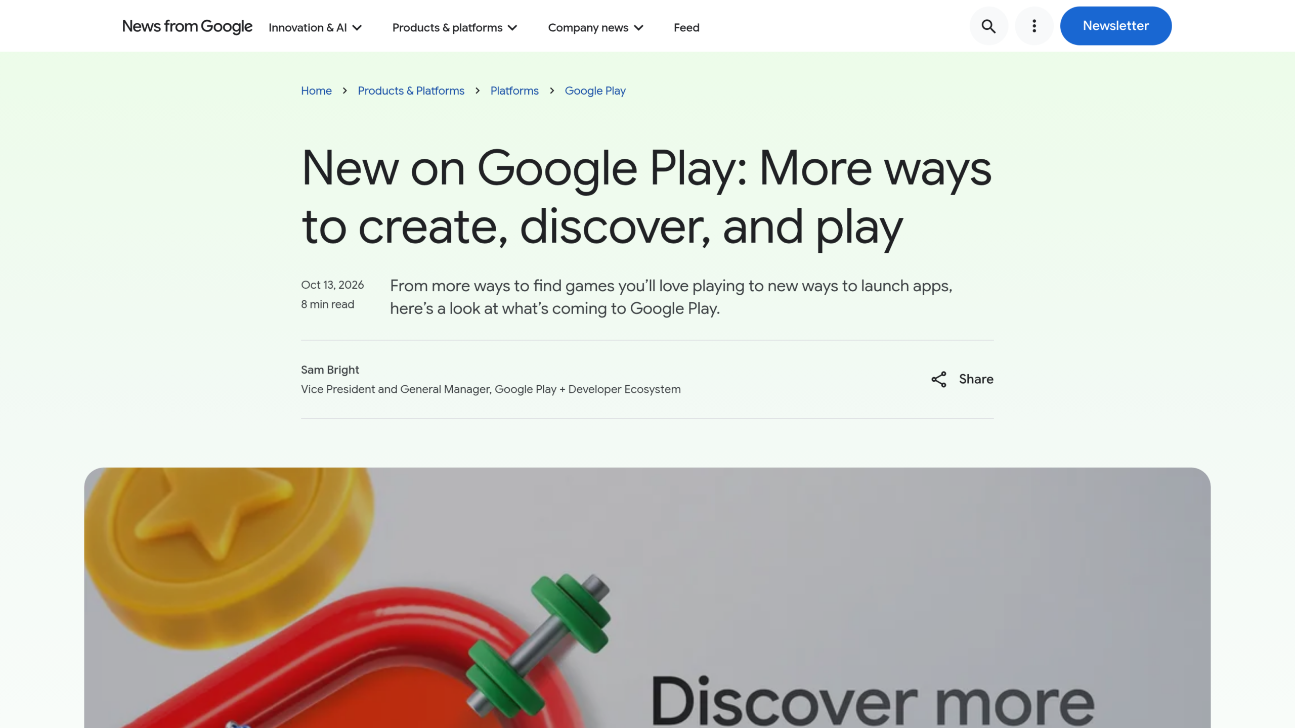 Billet du blog de Google daté du 13 octobre 2026, signé Sam Bright, intitulé New on Google Play : More ways to create, discover, and play