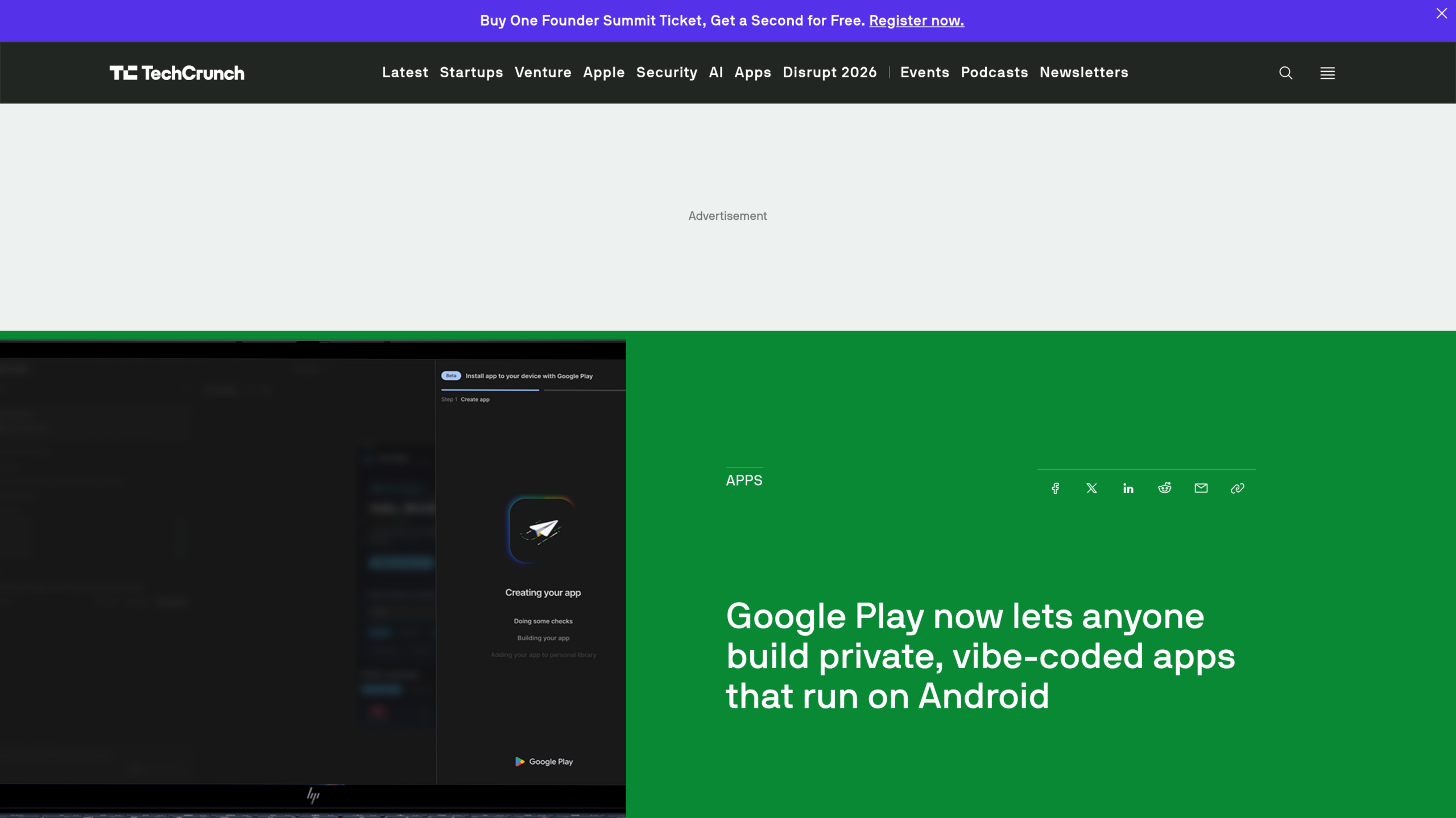 Article de TechCrunch sur Google Play et les applis privées créées en vibe coding, avec une capture de l'écran Creating your app dans Google AI Studio