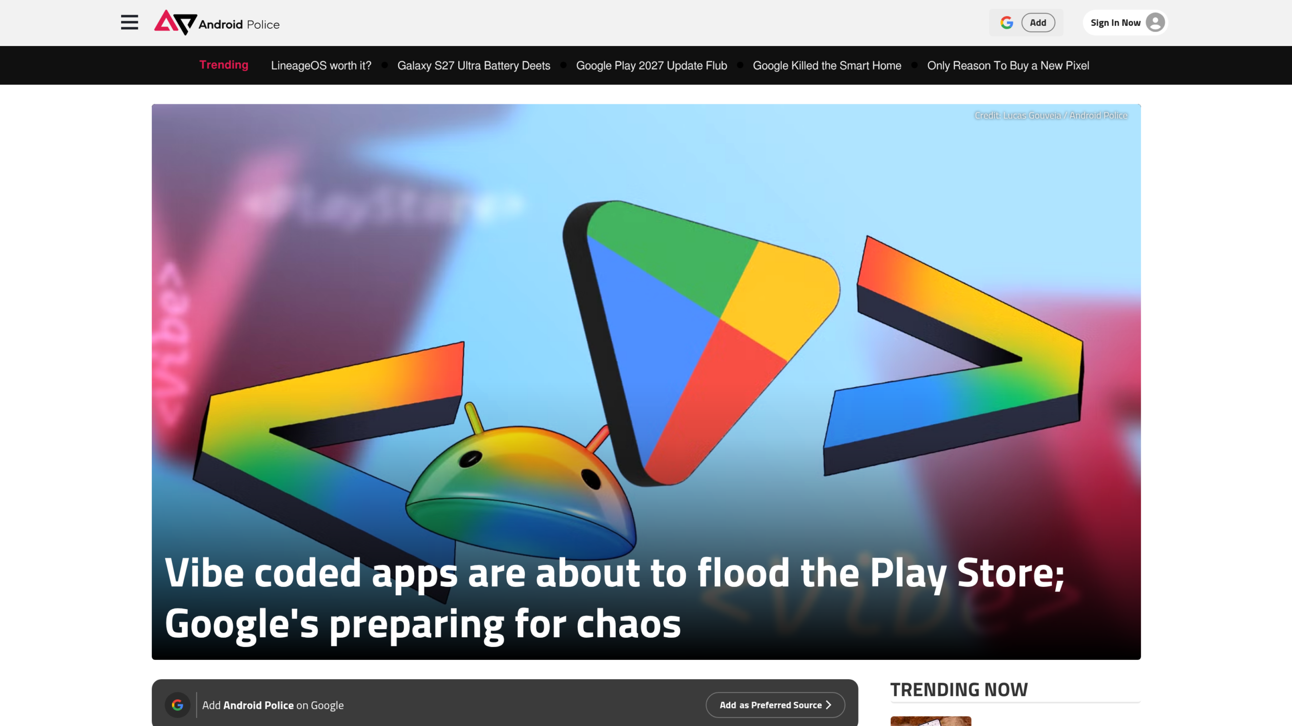 Article d'Android Police intitulé Vibe coded apps are about to flood the Play Store, avec le logo Google Play entre deux chevrons de code