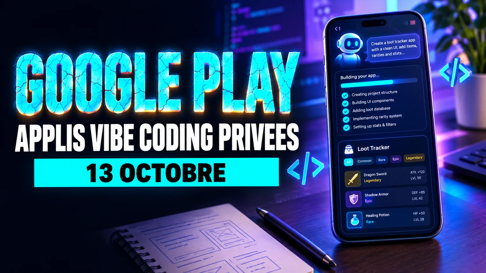 Smartphone Android affichant une appli de suivi de loot créée par prompt, entouré de chevrons de code et du texte « Votre appli, sans développeur »