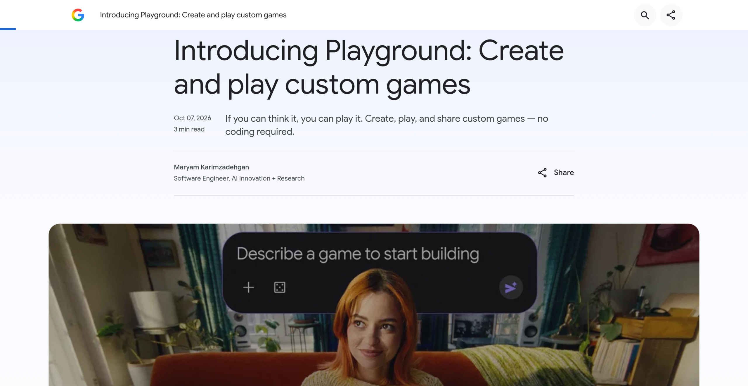 Page du blog de Google du 7 octobre 2026 intitulée Introducing Playground, avec une barre de saisie « Describe a game to start building » au-dessus d'une femme souriante sur un canapé