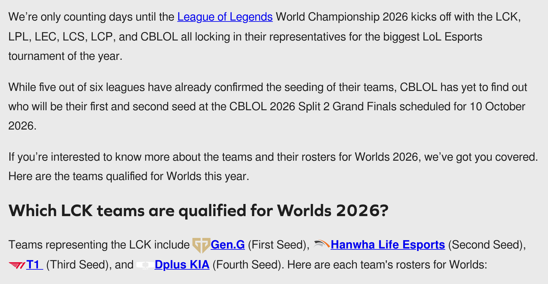 Texte de GosuGamers sur les qualifiés des Mondiaux 2026, avec la liste des quatre équipes LCK : Gen.G, Hanwha Life Esports, T1 et Dplus KIA