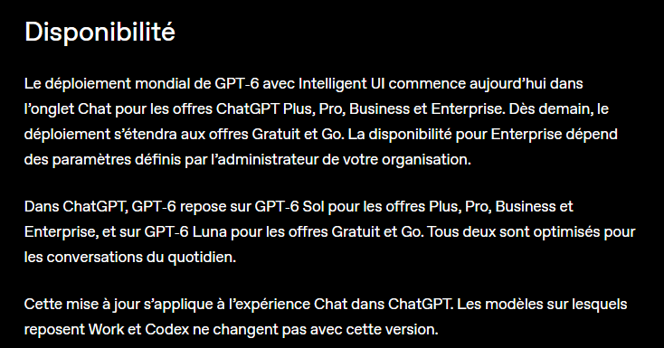 Section Disponibilité de l'annonce d'OpenAI en français : déploiement mondial de GPT-6 avec Intelligent UI, d'abord pour Plus, Pro, Business et Enterprise, puis dès le lendemain pour les offres Gratuit et Go, avec GPT-6 Sol et GPT-6 Luna