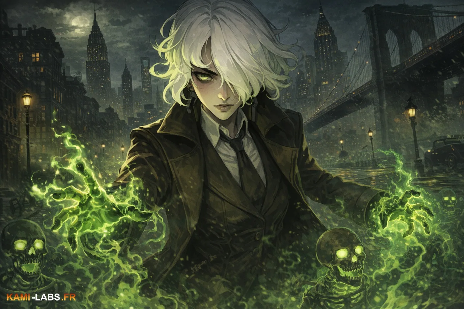 Illustration de Morella, héroïne nécromancienne de Deadlock, sous un ciel de nuit new-yorkaise
