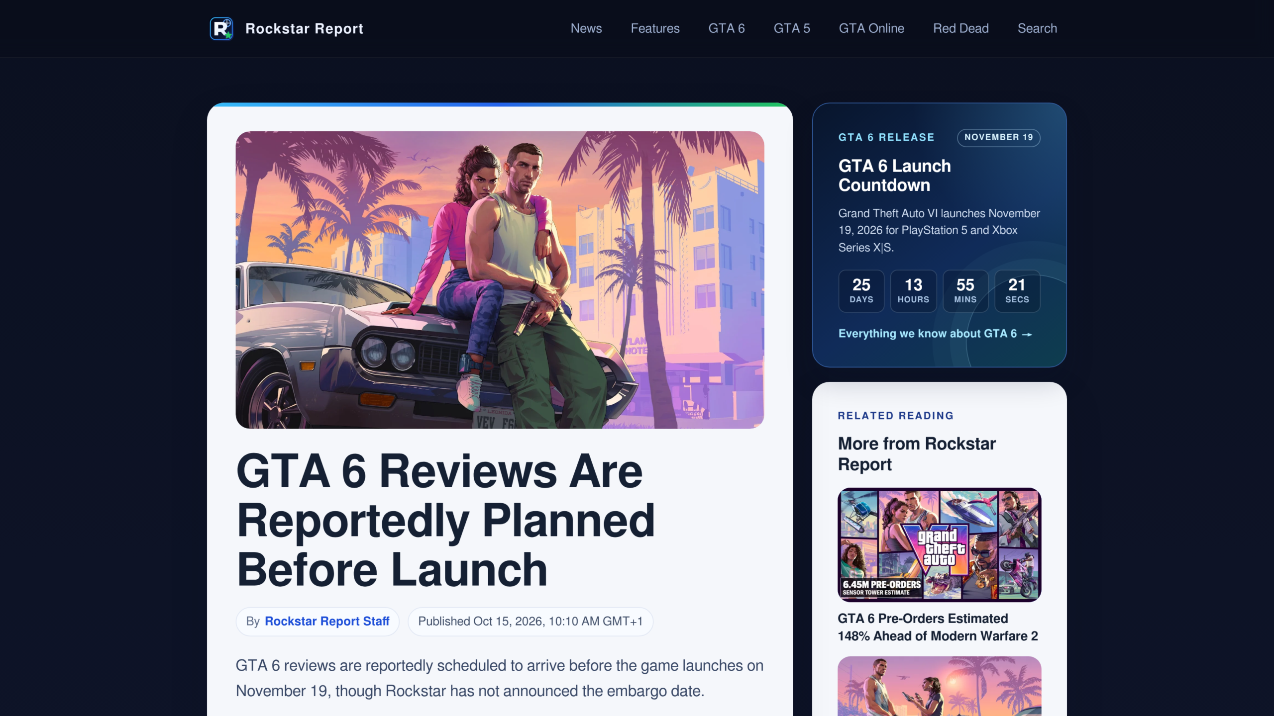 Page de Rockstar Report intitulée GTA 6 Reviews Are Reportedly Planned Before Launch, avec un visuel de Jason et Lucia devant une voiture, publiée le 15 octobre 2026