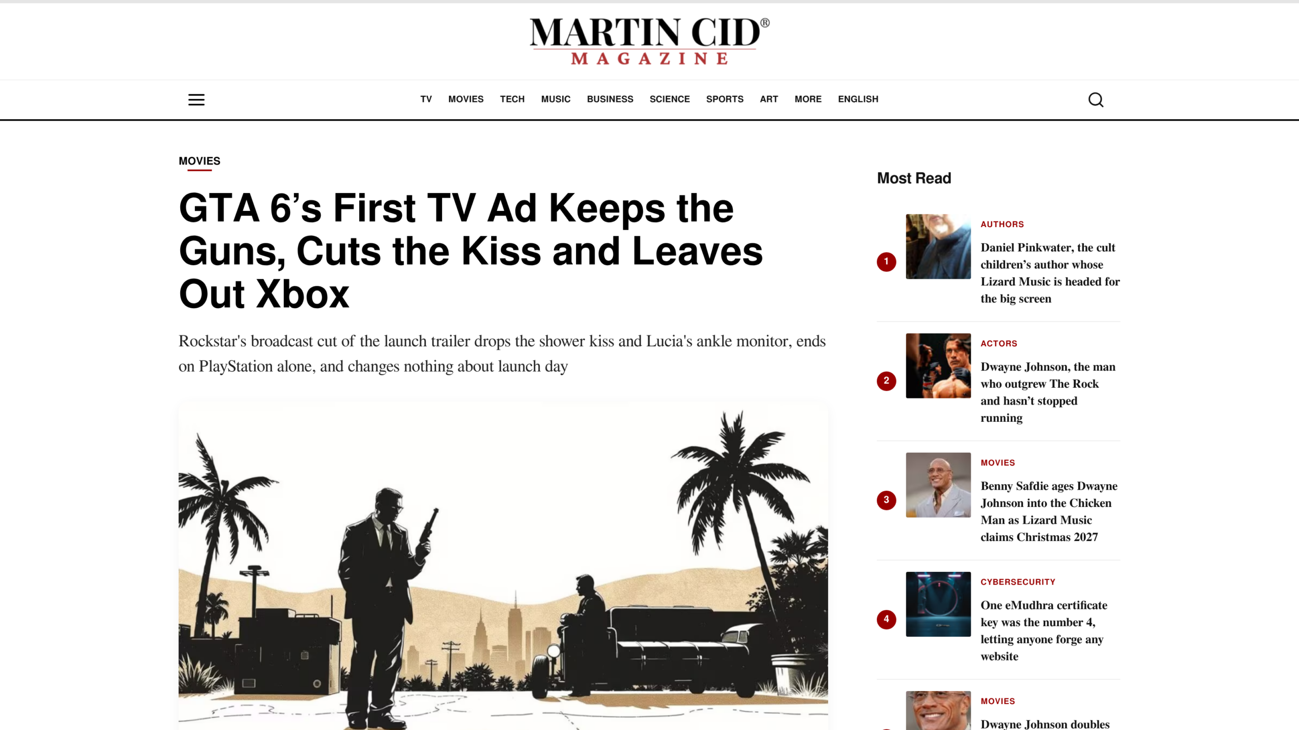 Article de Martin Cid Magazine sur la première publicité télé de GTA 6, avec une illustration en noir et sable de deux silhouettes devant une voiture et une ville