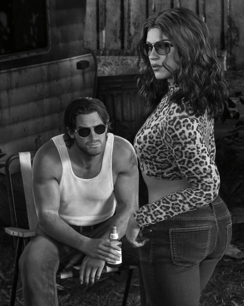 Image en noir et blanc : Jason assis sur une chaise pliante avec une bière, Lucia debout en haut léopard et lunettes de soleil devant un mobil-home