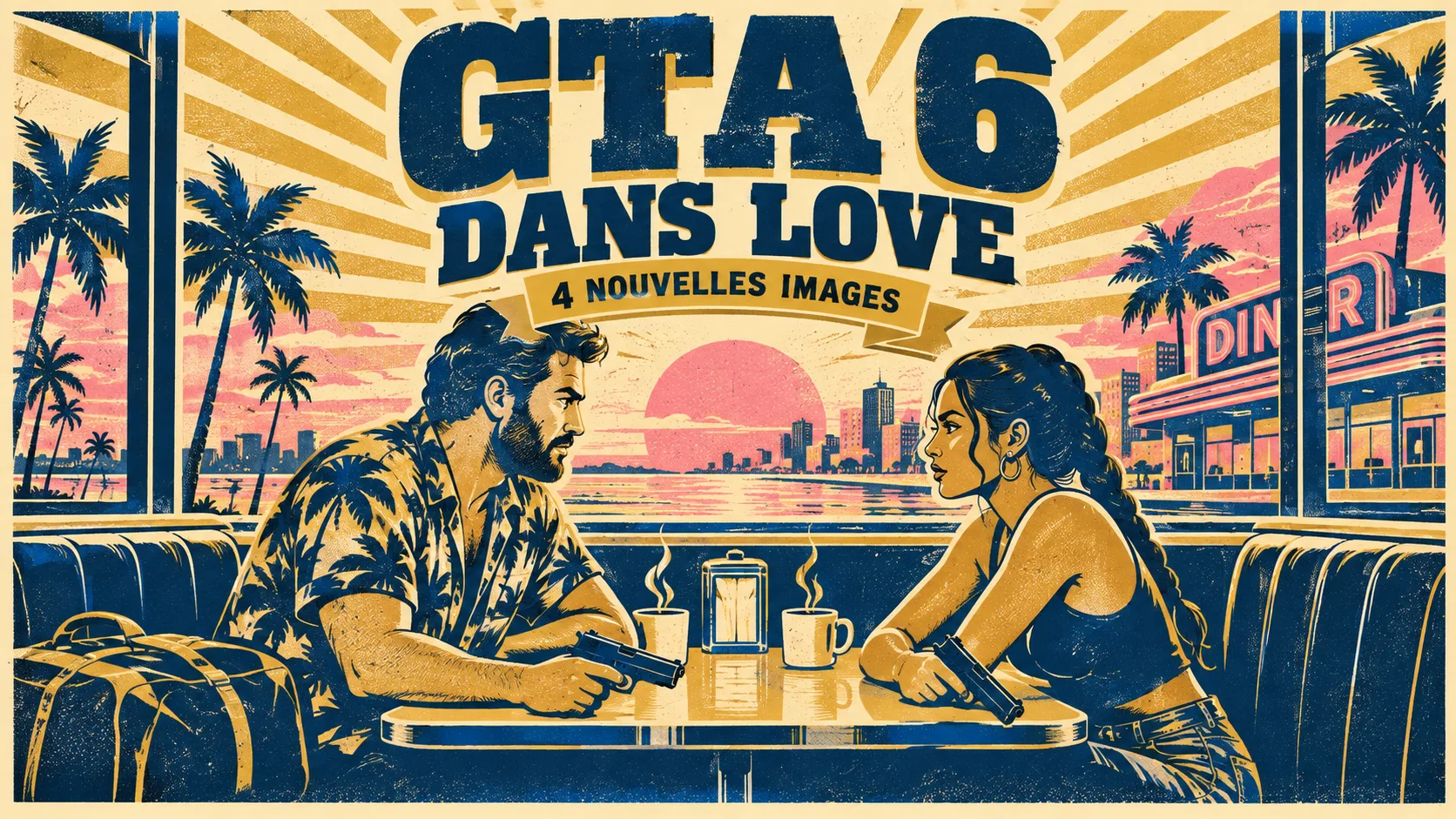 Affiche sérigraphiée en crème, bleu nuit et or : un couple de criminels armés face à face dans un diner de Floride, avec le texte GTA 6 dans LOVE et le bandeau 4 nouvelles images