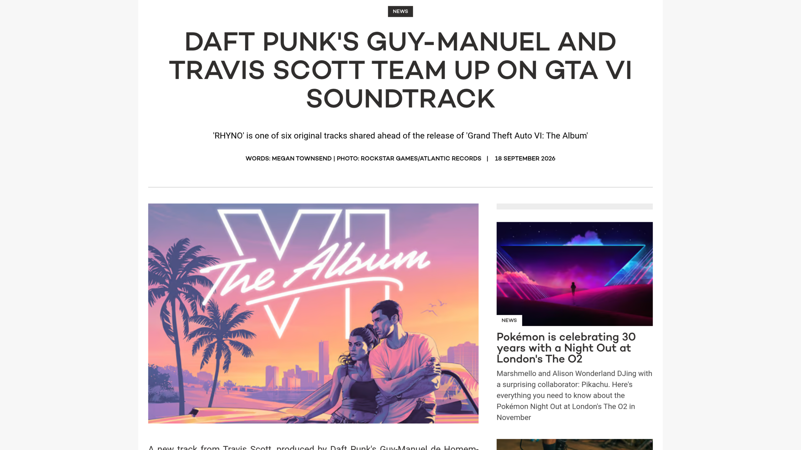 Article de Mixmag du 18 septembre 2026 signé Megan Townsend sur RHYNO, le titre de Travis Scott produit par Guy-Manuel de Homem-Christo de Daft Punk