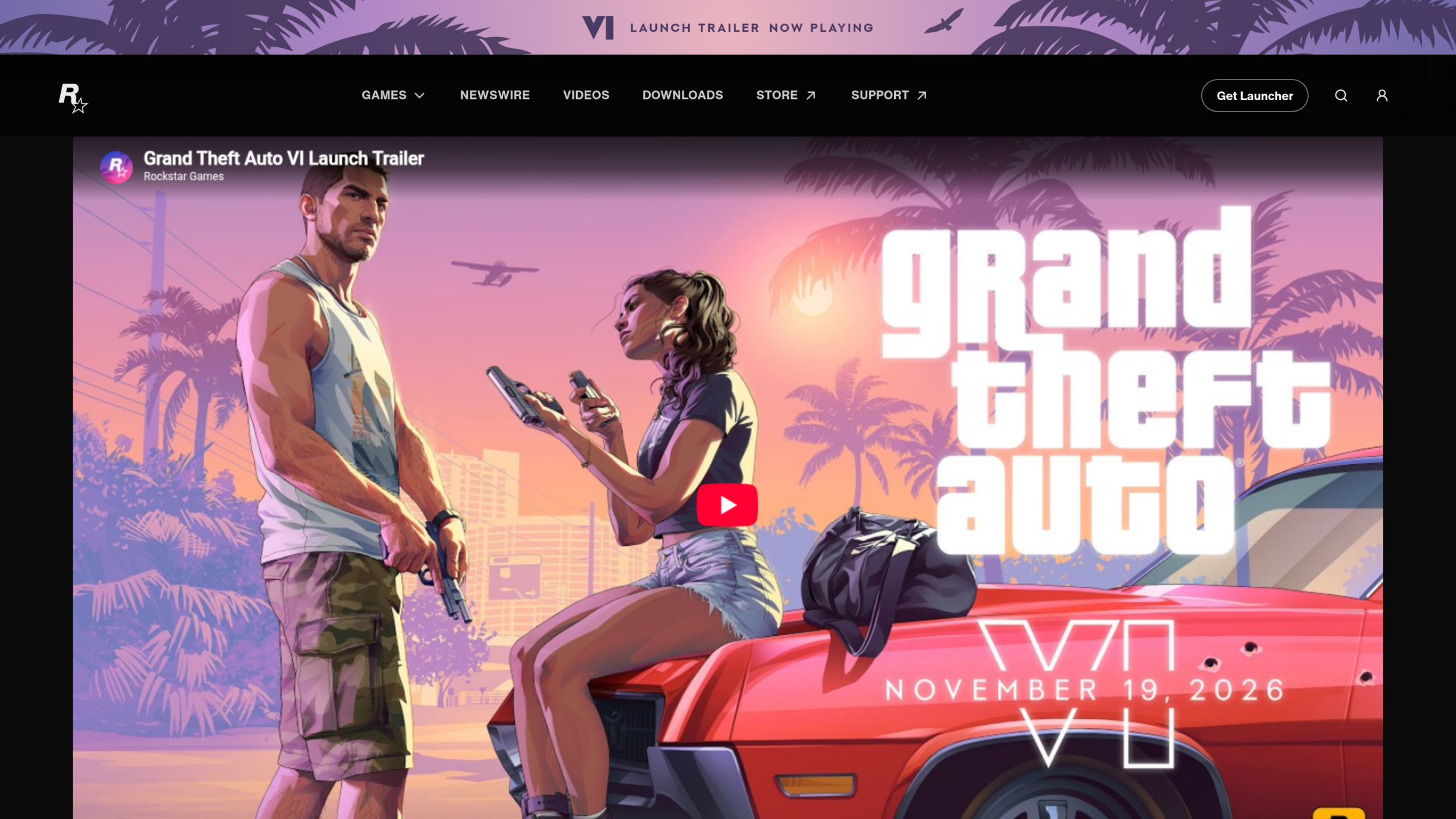 Page vidéo officielle de Rockstar Games pour le trailer de lancement de GTA VI, illustration de Jason et Lucia sur le capot d'une voiture rouge avec la date du 19 novembre 2026