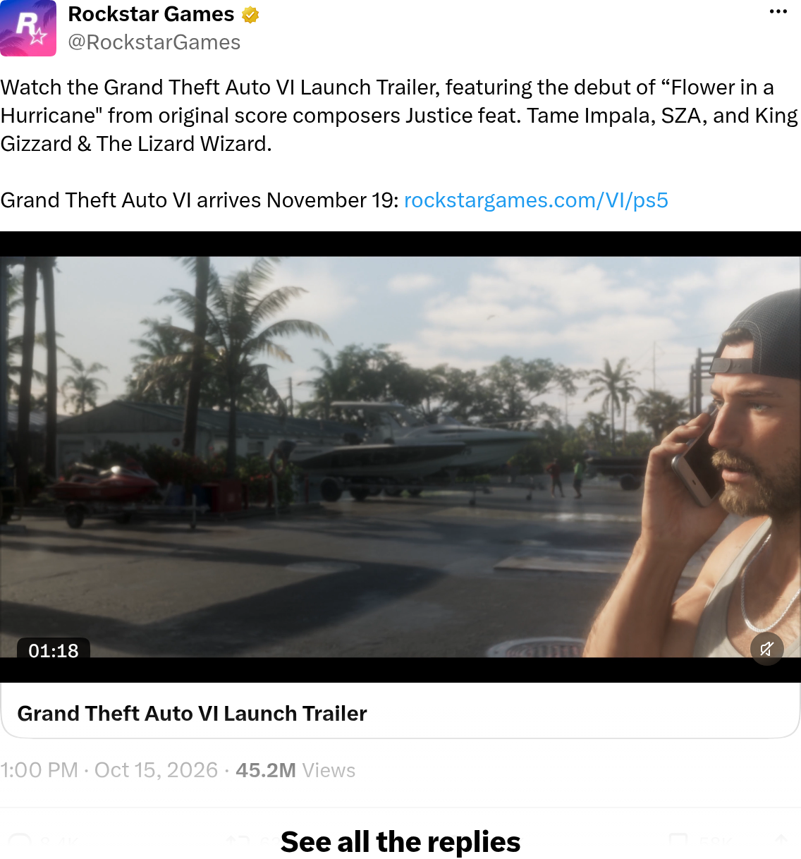 Post X de Rockstar Games du 15 octobre 2026 annonçant le dernier trailer de GTA 6 et le titre Flower in a Hurricane, 45,2 millions de vues