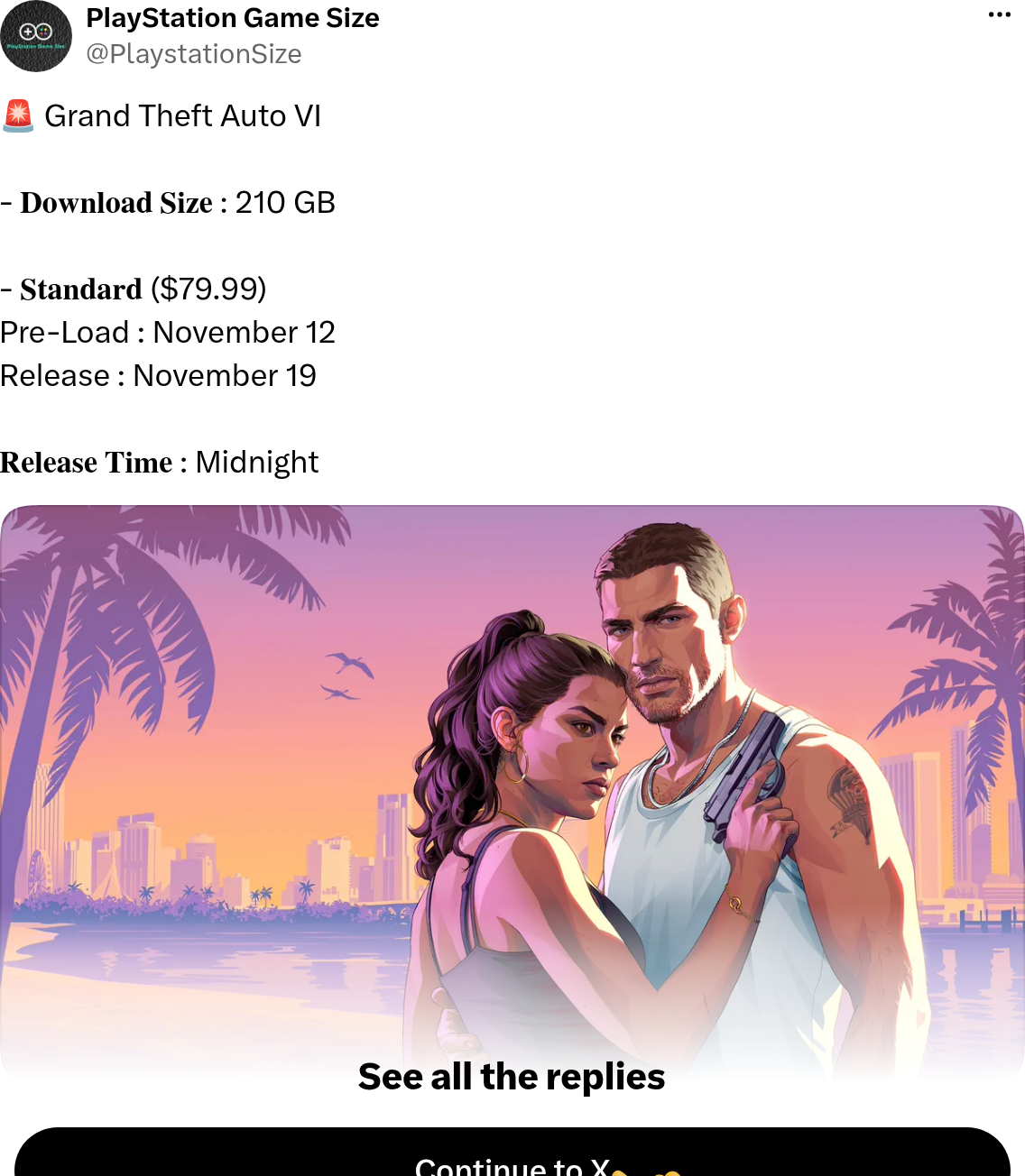 Message du compte X PlayStation Game Size sur Grand Theft Auto VI, avec la taille de 210 GB, le prix de 79,99 dollars et les dates du 12 et du 19 novembre