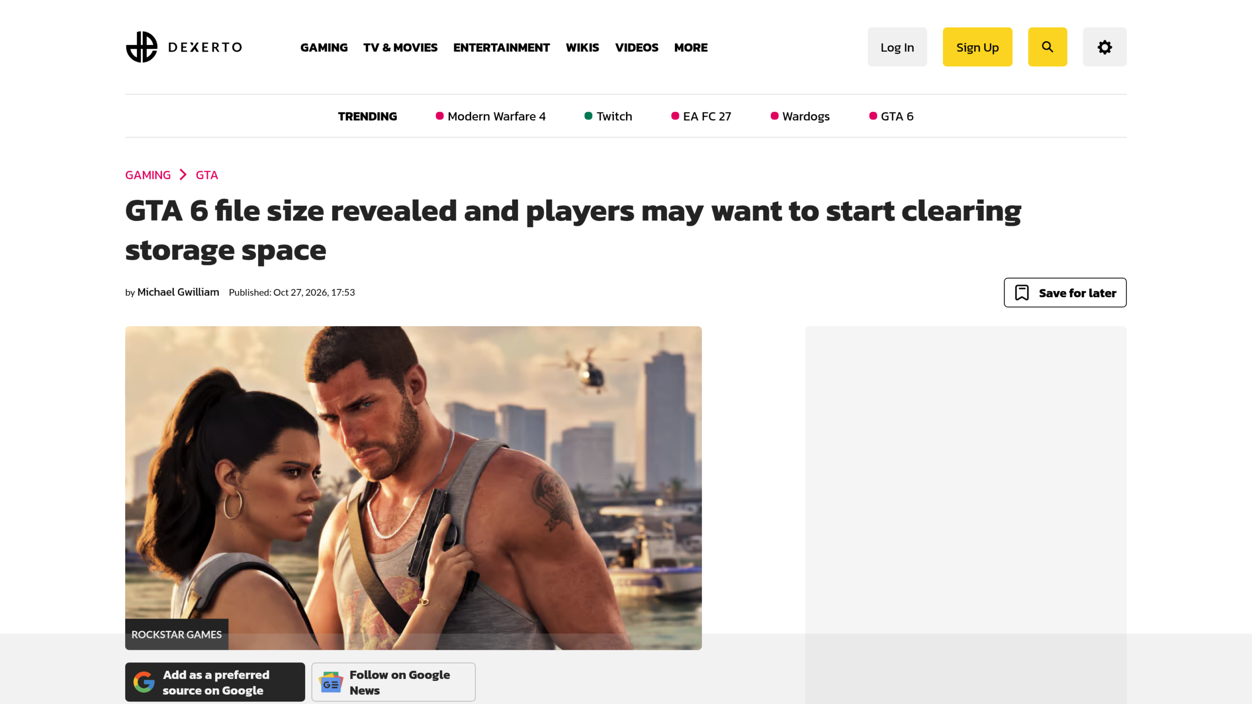 Haut de page d'un article du site Dexerto sur la taille de GTA 6, avec le titre, le nom de l'auteur et une image de Lucia et Jason devant Vice City