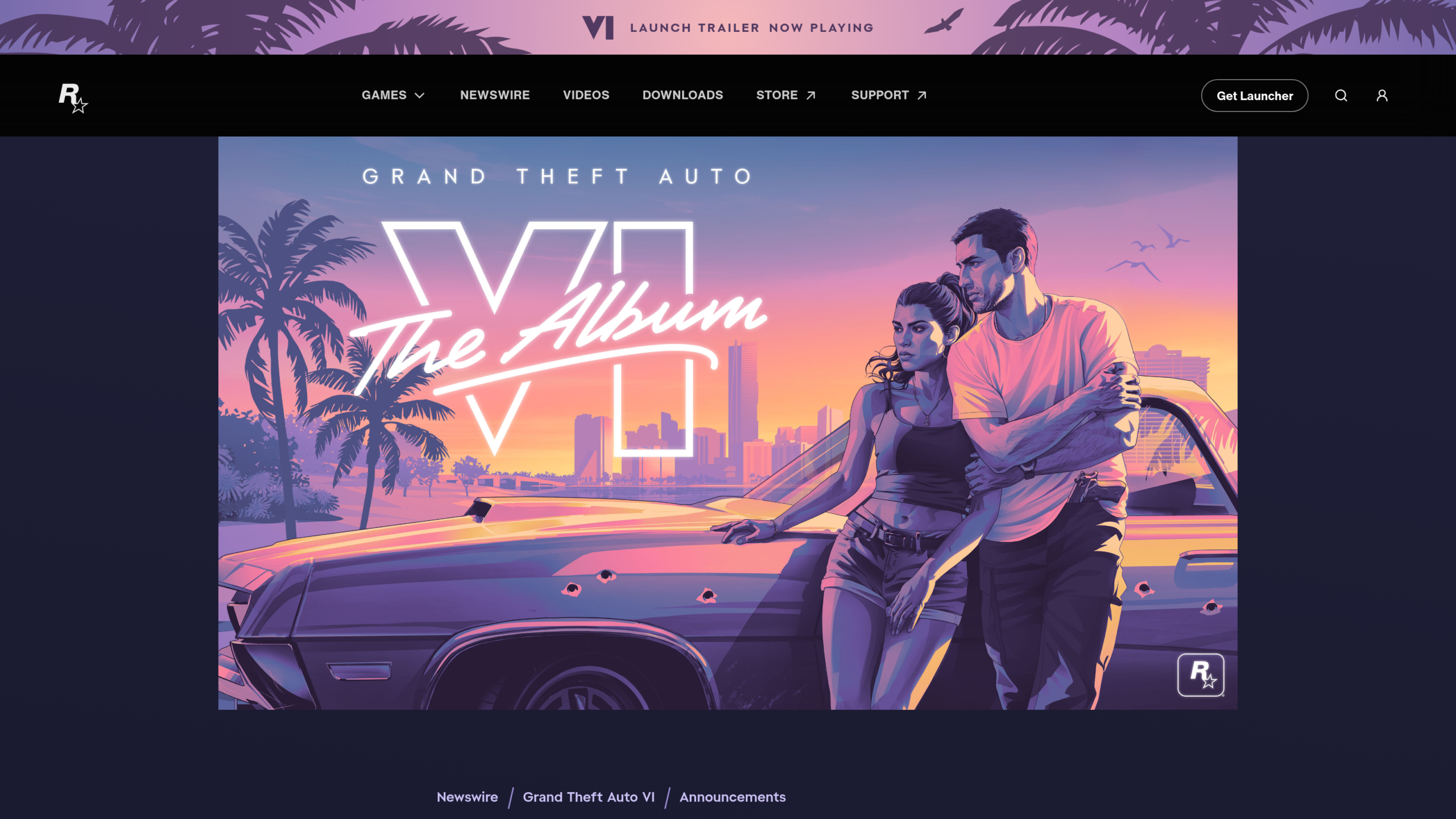 Pochette de Grand Theft Auto VI: The Album sur le site de Rockstar, Jason et Lucia adossés à une voiture devant Vice City au coucher du soleil