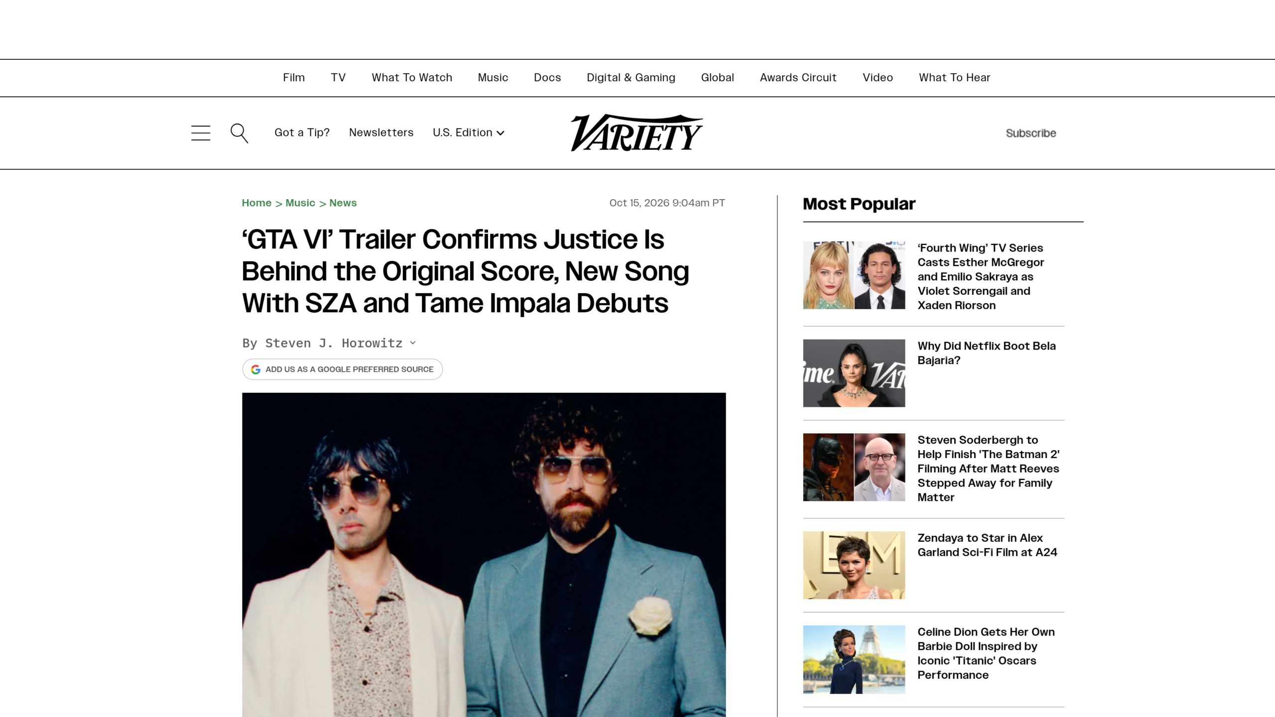 Une de Variety du 15 octobre 2026, article de Steven J. Horowitz avec une photo du duo Justice